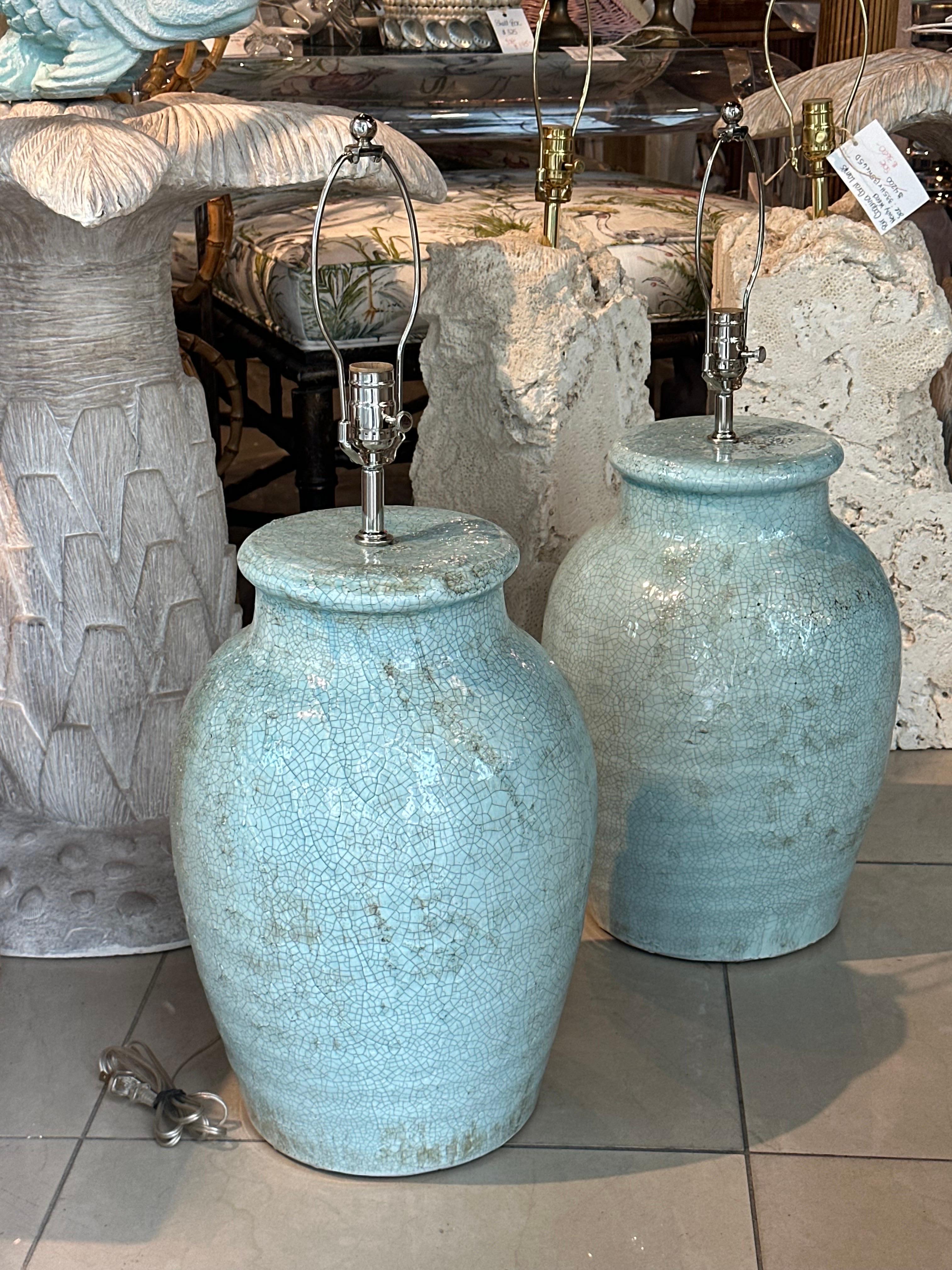 Terracotta Vintage Pair Pottery Terra Cotta Crackle Glaze  Green Table Lamps Newly Wired