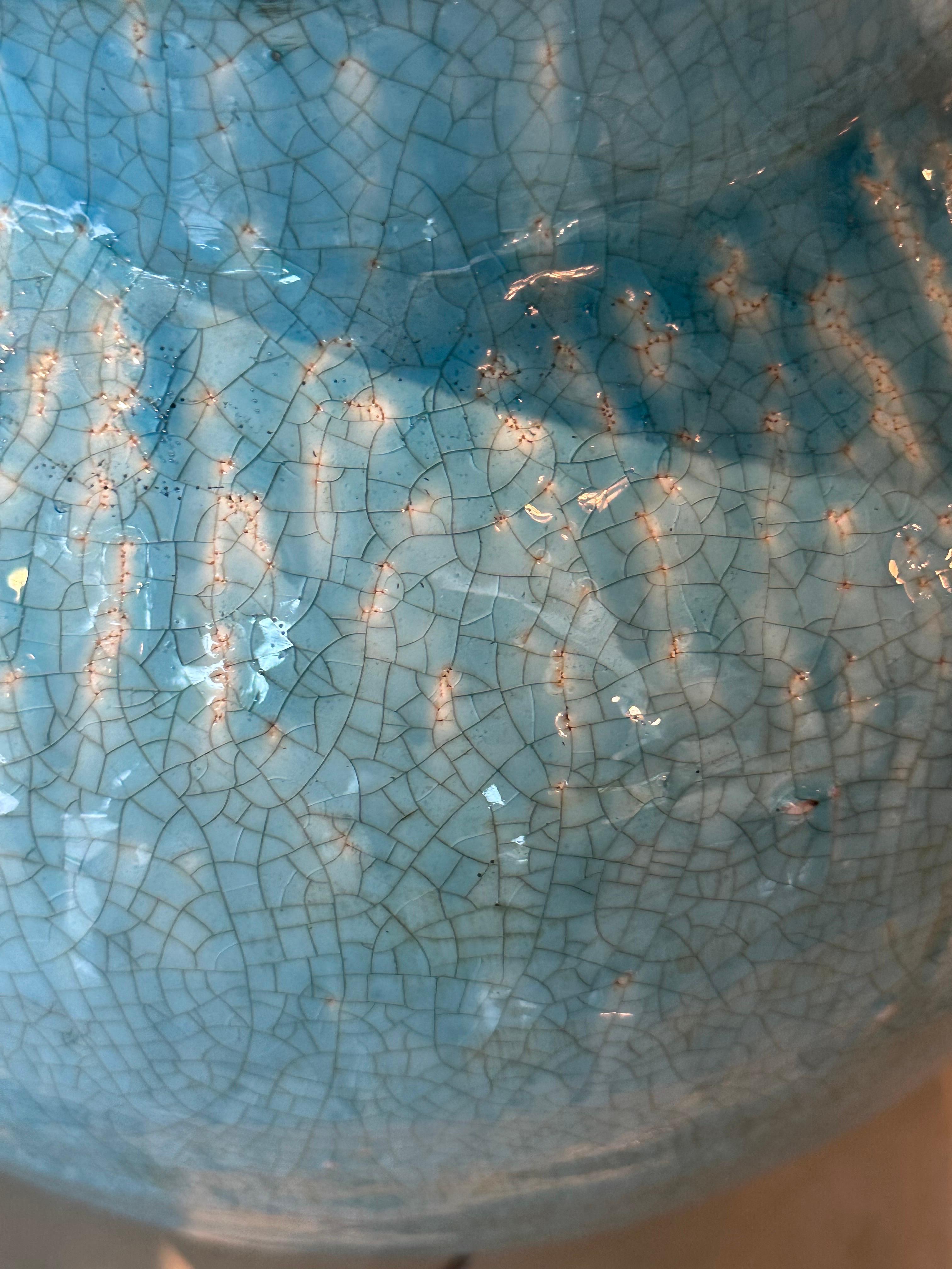 Paire de lampes de bureau vintage en terre cuite à glaçure craquelée turquoise nouvellement câblée en vente 3
