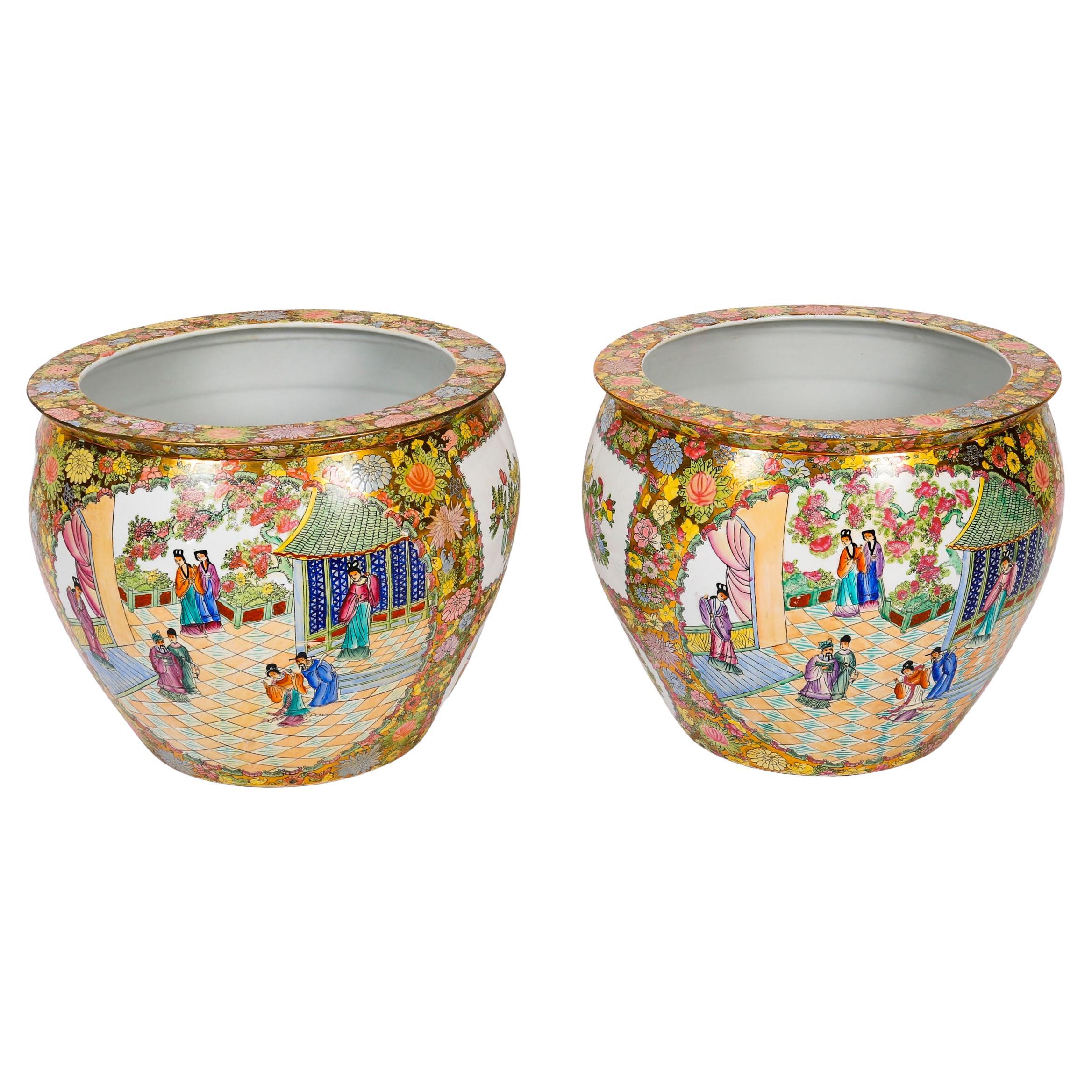 Vintage Paire de Vases Chinois FAMILLE ROSE Canton Dynastie Qing 20ème Siècle
