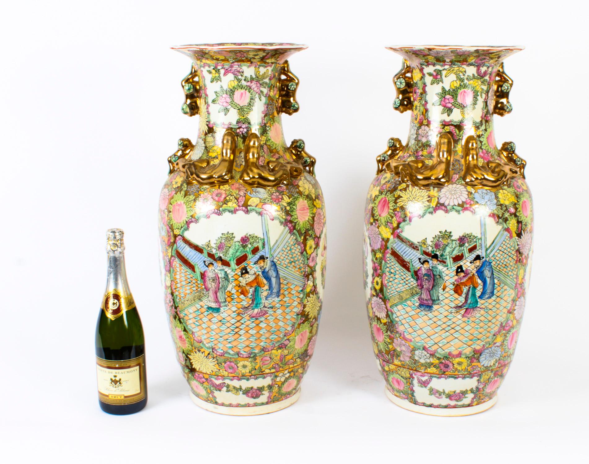 Vintage Pair Qing Dynasty Style Canton Famille Rose Chinese Vases, 20th C For Sale 7