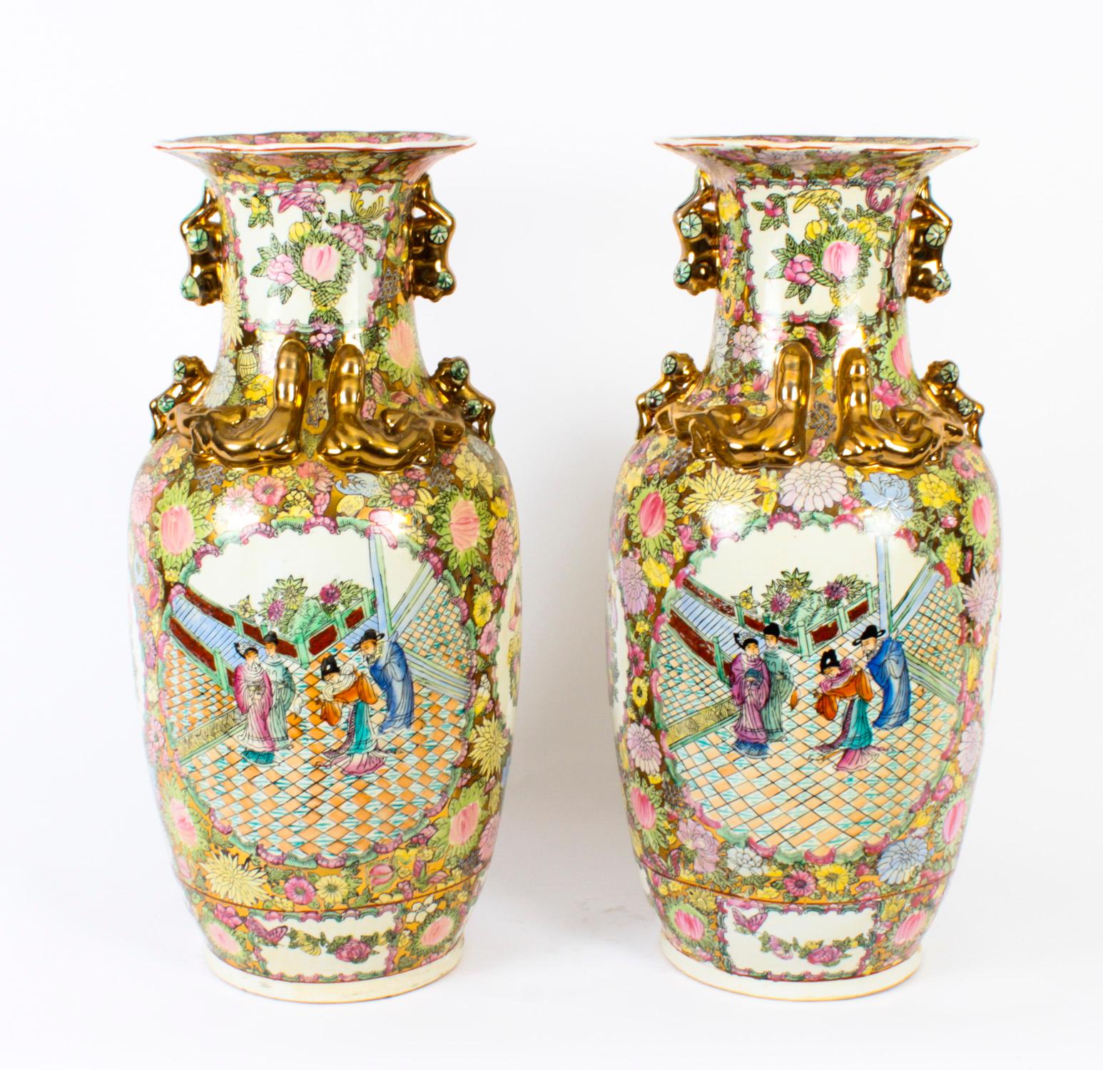 Vintage Pair Qing Dynasty Style Canton Famille Rose Chinese Vases, 20th C For Sale 8