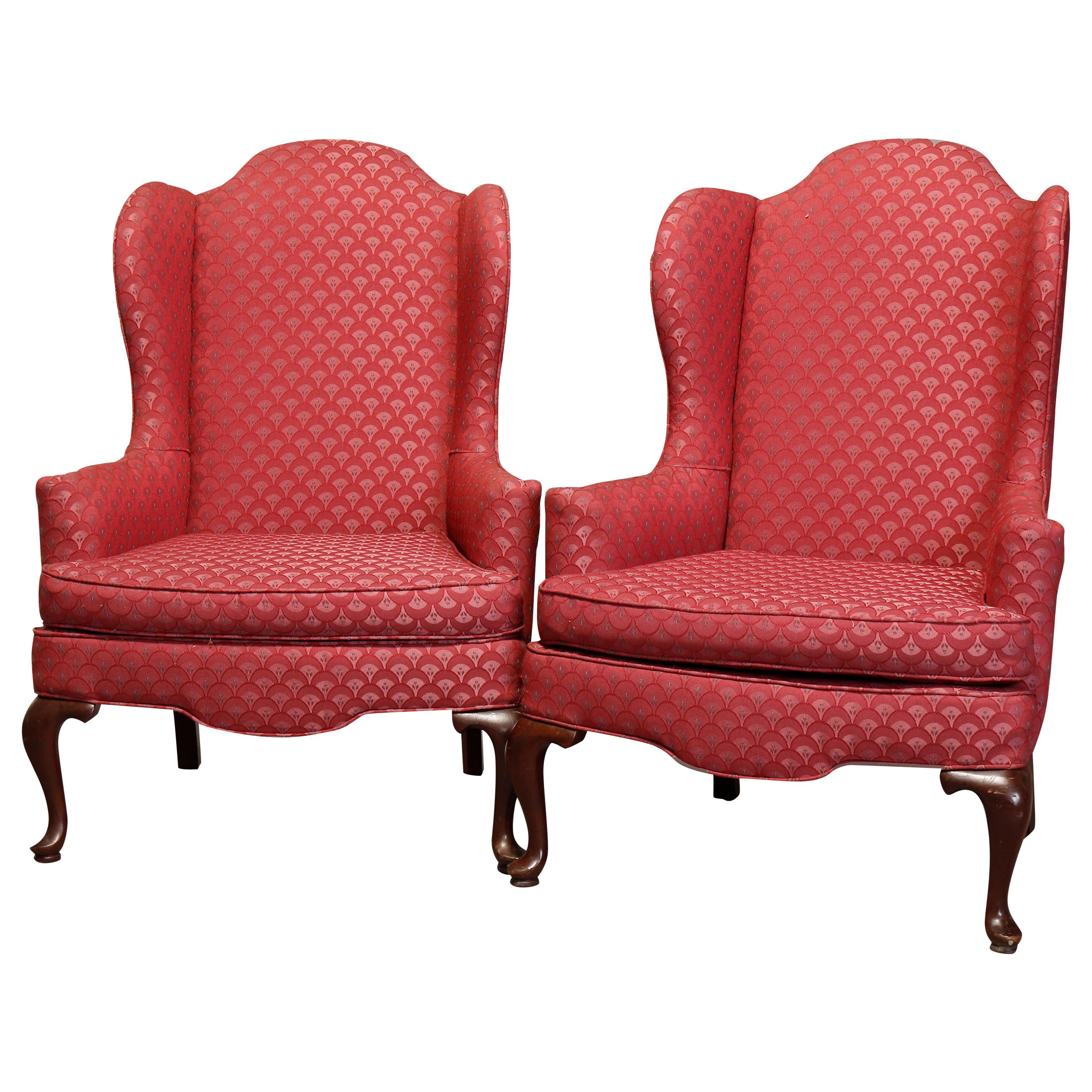 Vintage Pair of Queen Anne Style Mahogany Fireside Wingback Armchairs