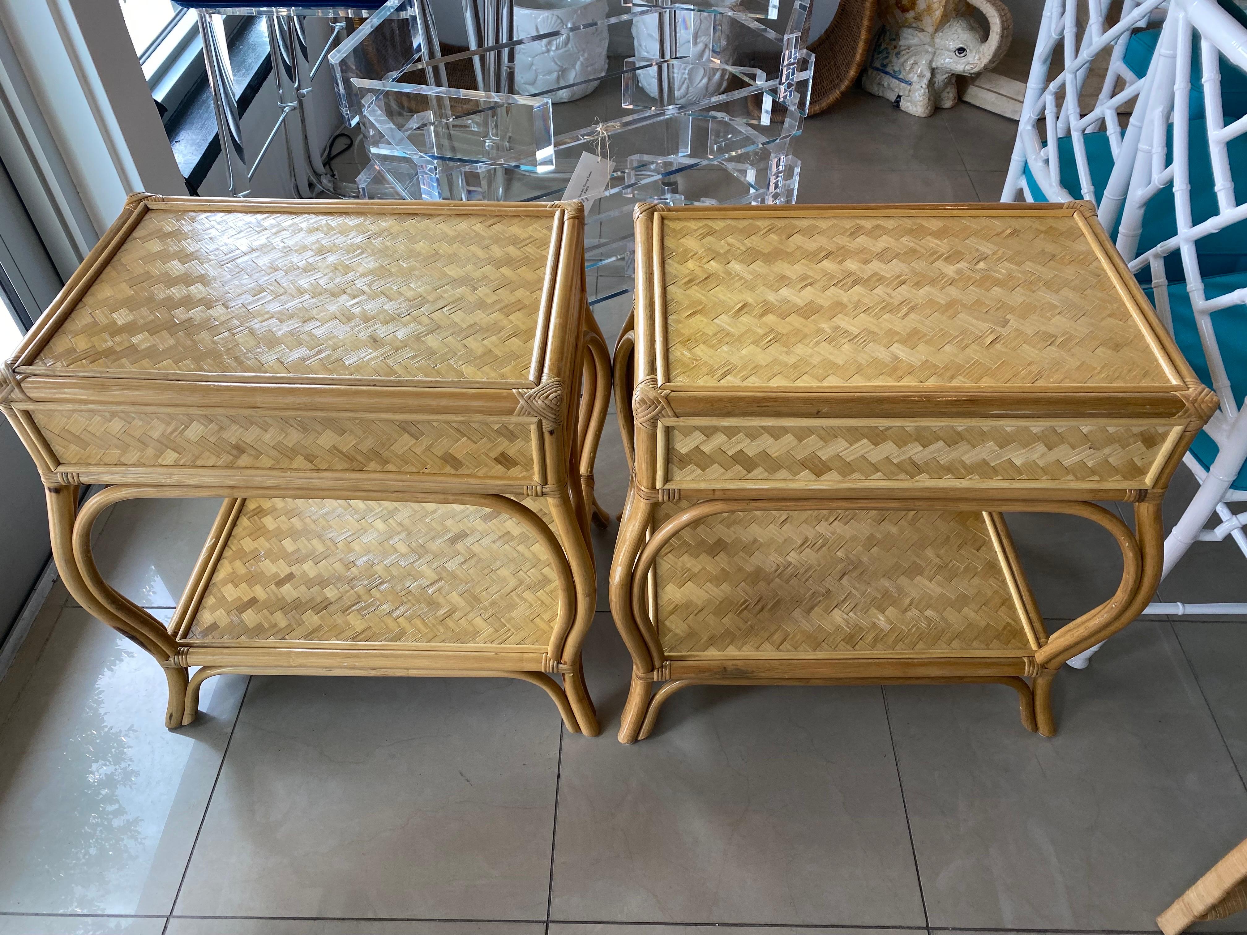 Vintage pair of rattan and woven cane nightstands night stands, end tables, side tables, chests. Dimensions: 26.5 H x 18.5 D x 26.5 W. Top measures 24 wide x 16 deep.