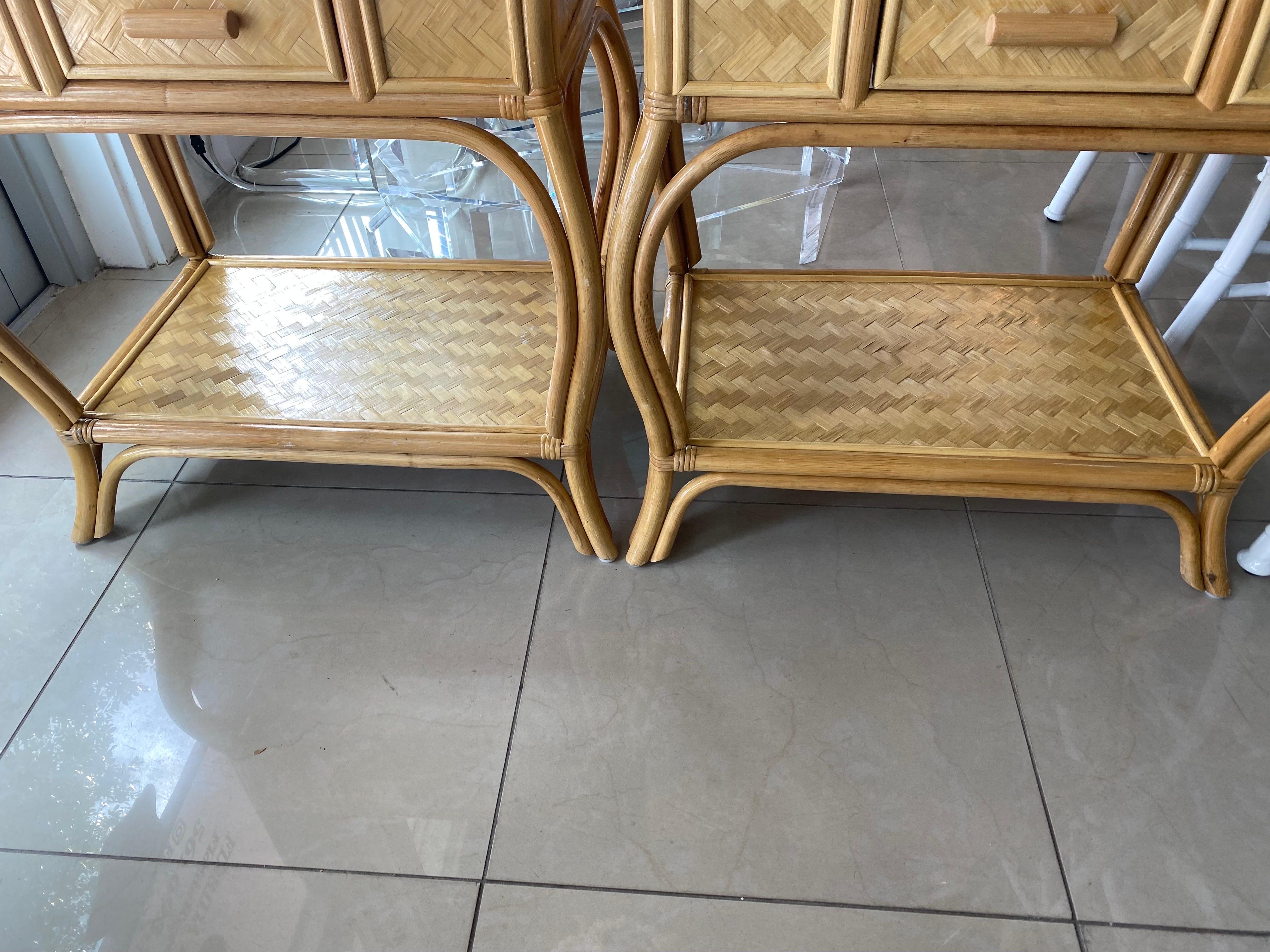 Vintage Pair Rattan Woven Nightstands Night Stands End Side Tables Chests Drawer In Good Condition In West Palm Beach, FL