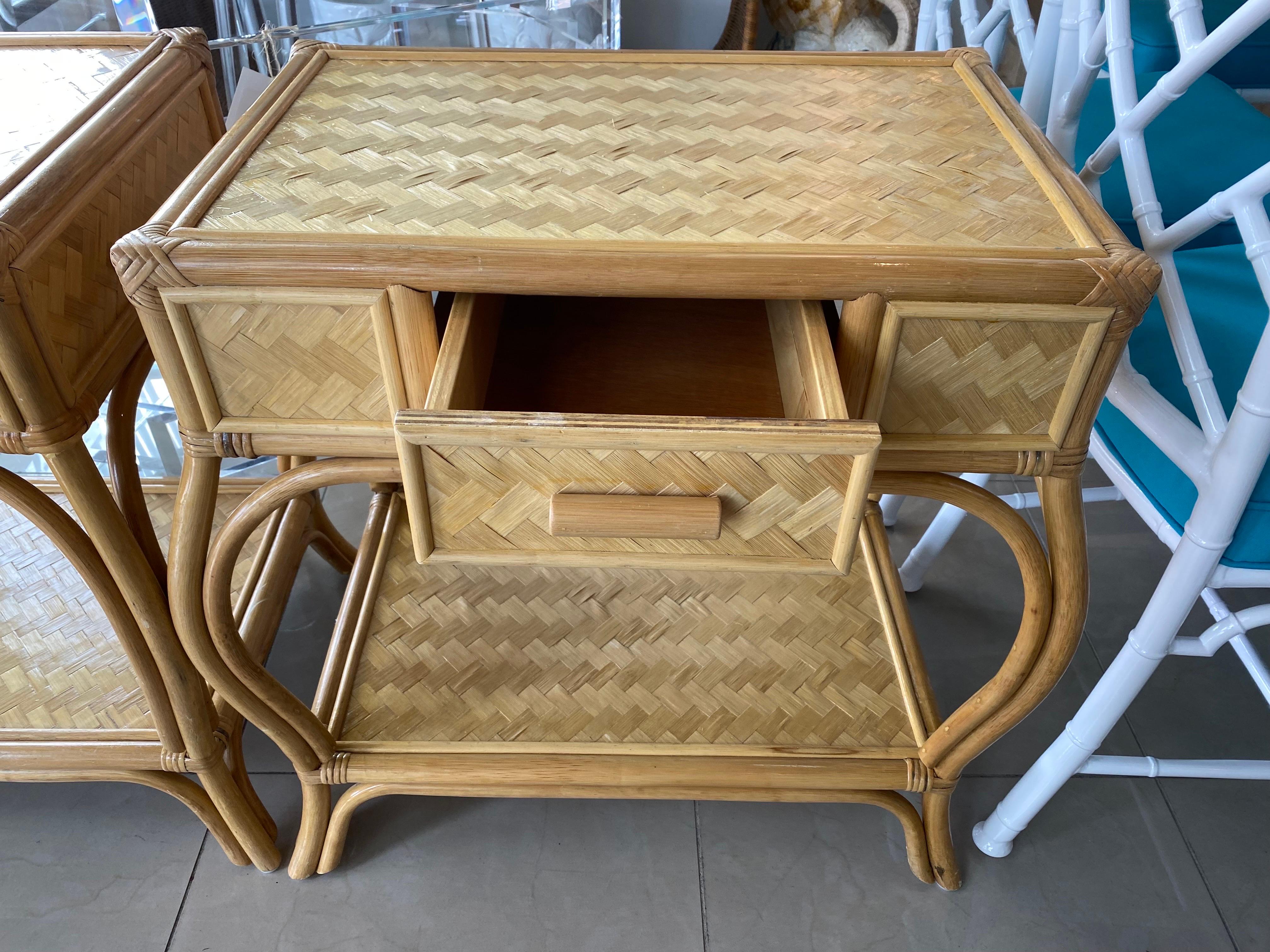 Late 20th Century Vintage Pair Rattan Woven Nightstands Night Stands End Side Tables Chests Drawer