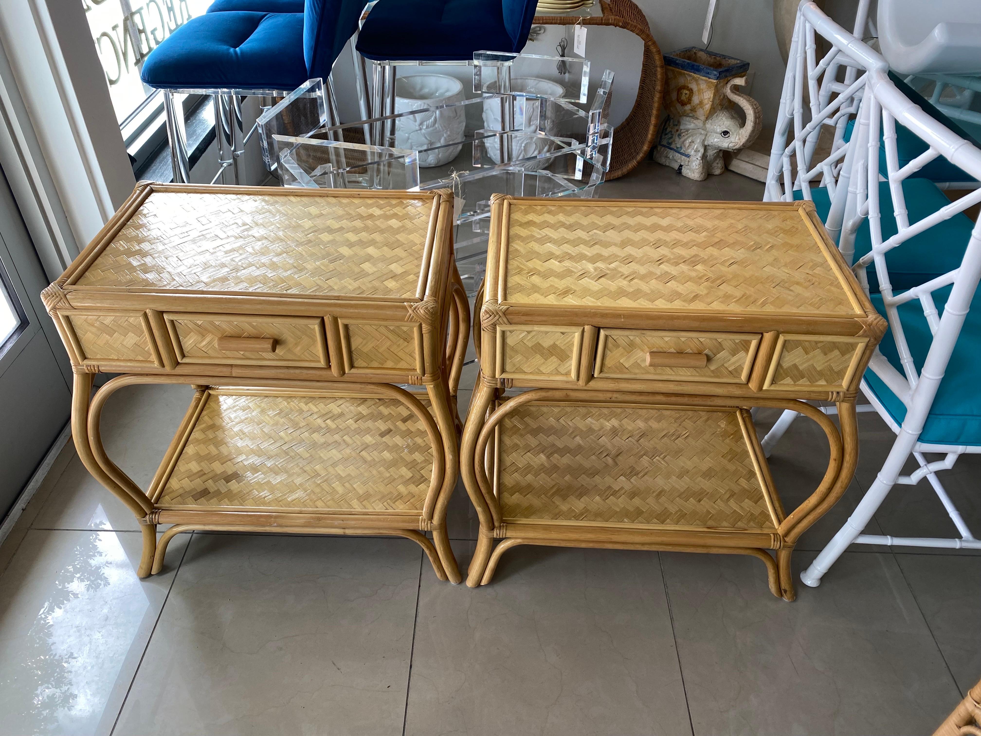 Vintage Pair Rattan Woven Nightstands Night Stands End Side Tables Chests Drawer 2