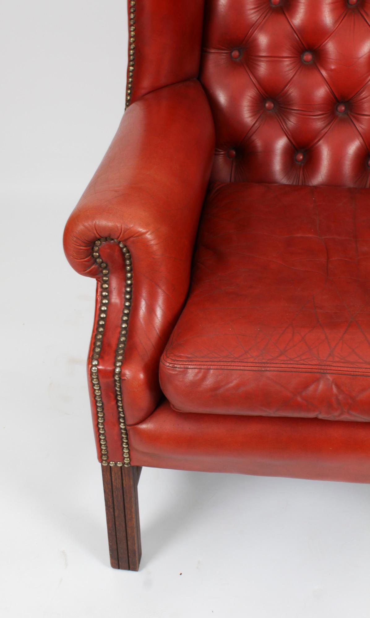 Vintage Pair Red Leather Button Backed Wingback Armchairs 20th Century For Sale 8