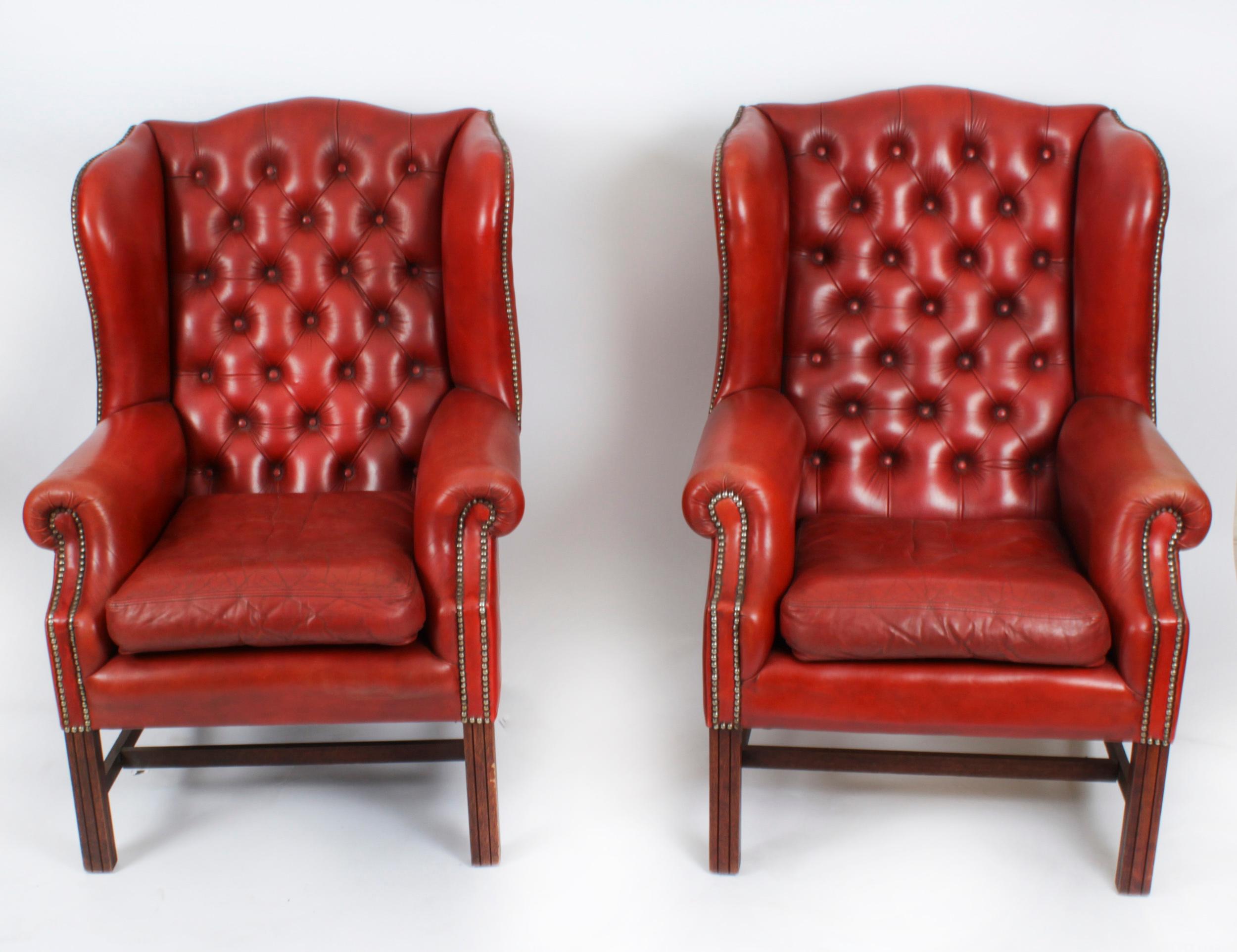 Vintage Pair Red Leather Button Backed Wingback Armchairs 20th Century 9