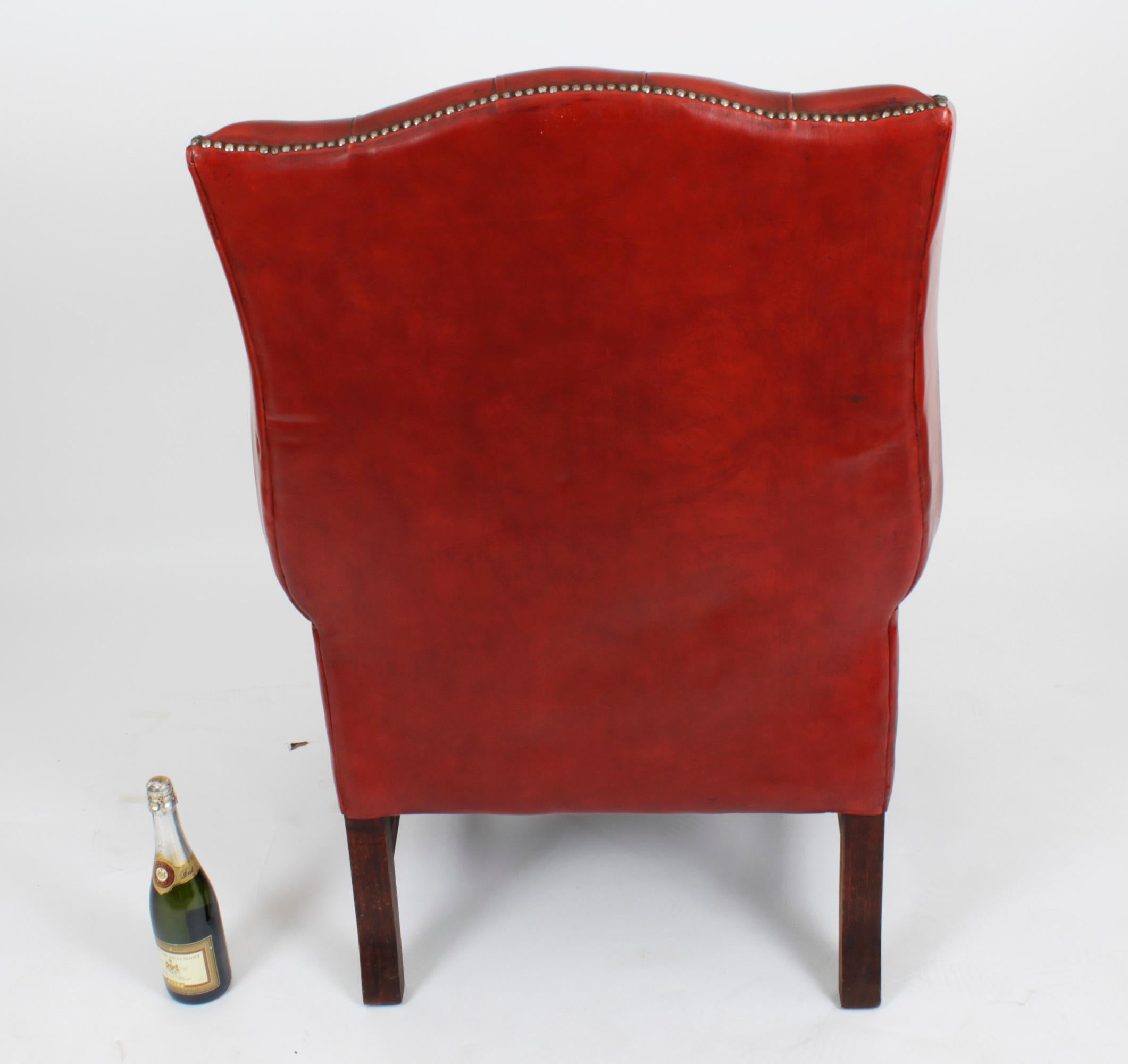 Vintage Pair Red Leather Button Backed Wingback Armchairs 20th Century For Sale 10
