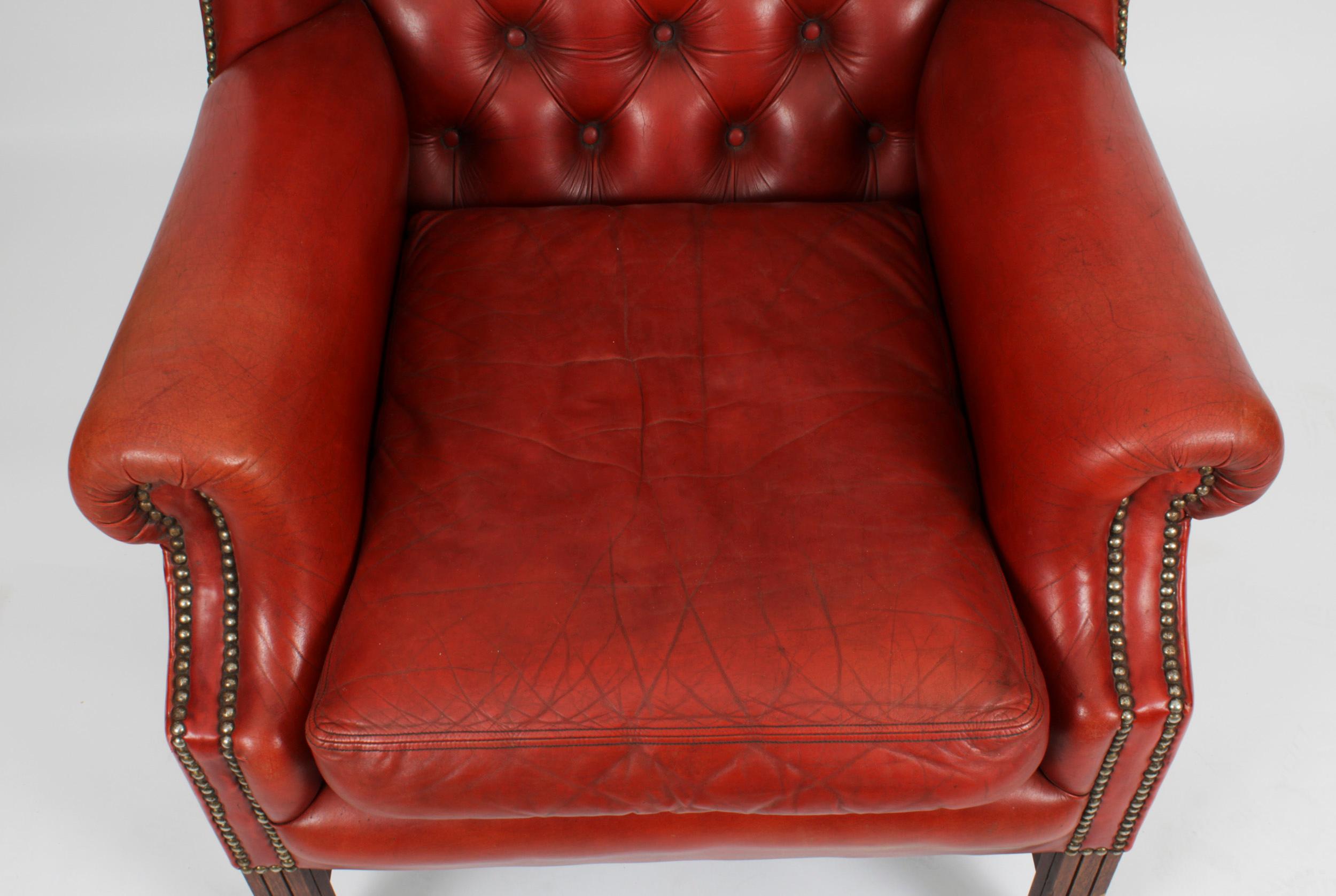 Late 20th Century Vintage Pair Red Leather Button Backed Wingback Armchairs 20th Century For Sale