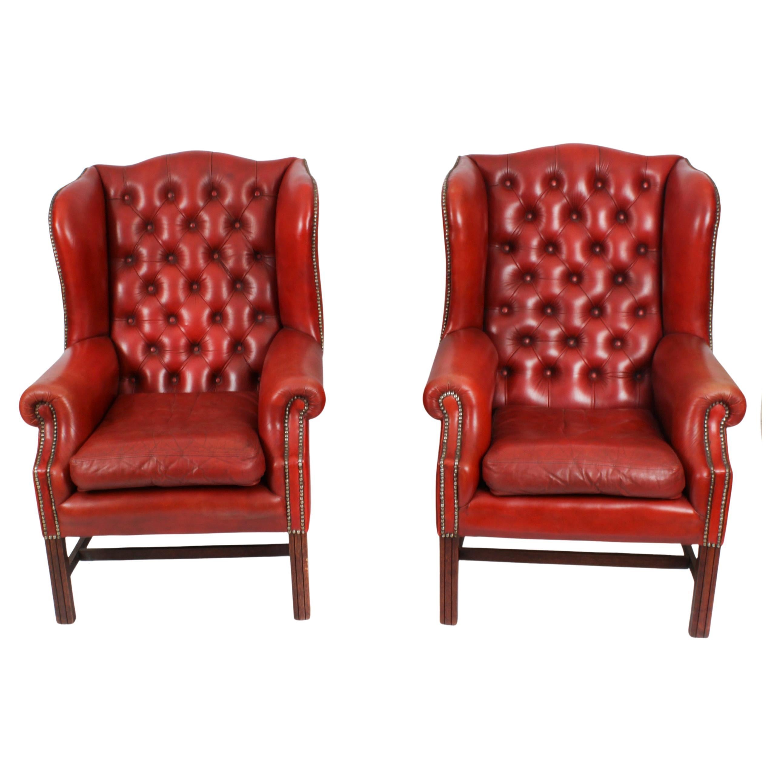Vintage Pair Red Leather Button Backed Wingback Armchairs 20th Century For Sale