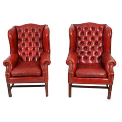 Retro Pair Red Leather Button Backed Wingback Armchairs 20th Century