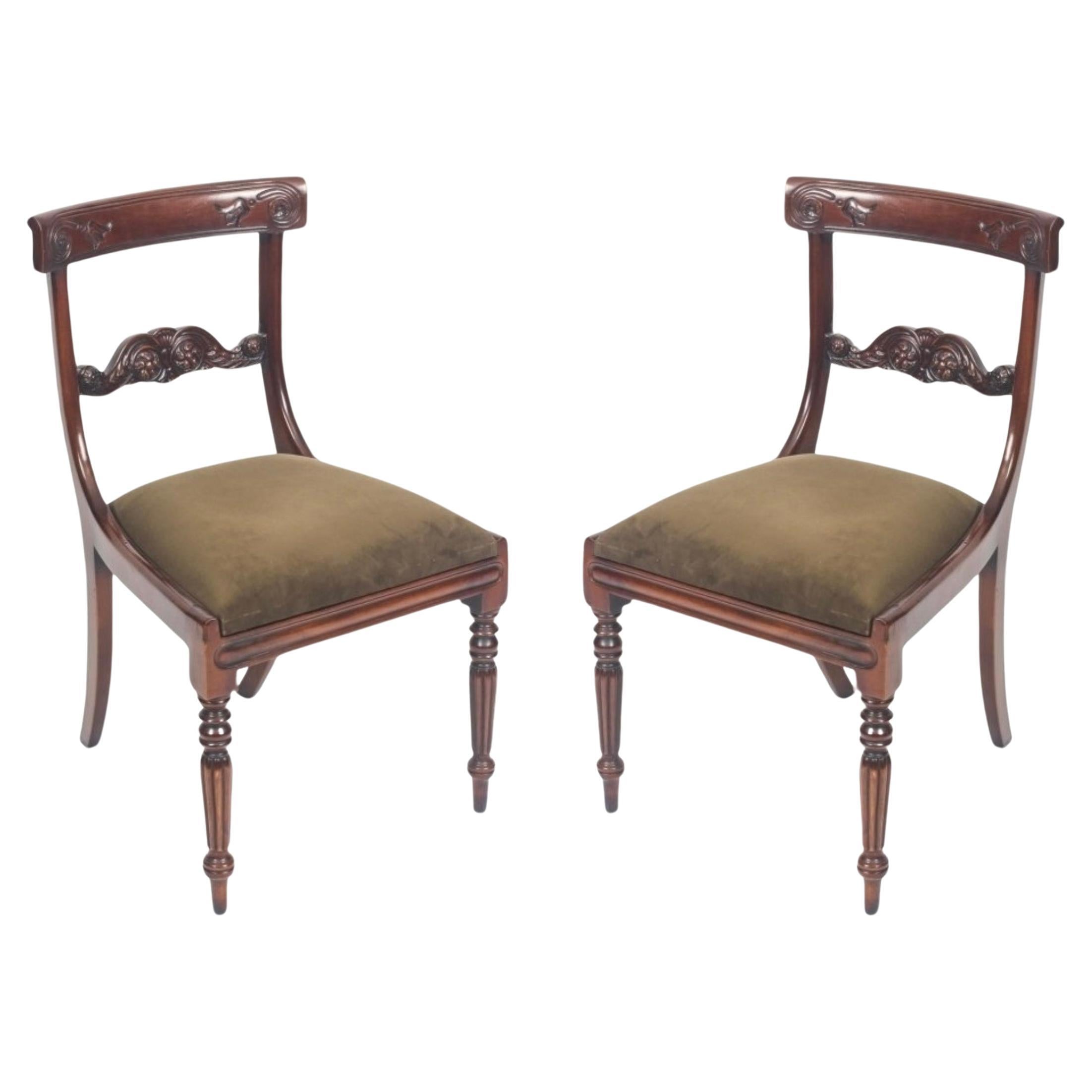 Vintage Pair Regency Revival Mahogany Bar Back Dining Chairs 20th Century For Sale