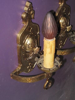 Vintage Pair Revival / Heraldic Brass Wall Sconce Lights c.1925