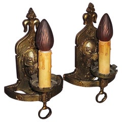 Vintage Pair Revival / Heraldic Brass Wall Sconce Lights c.1925