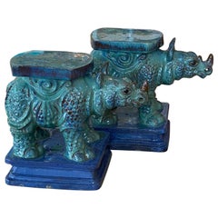 Vintage Pair of Rhinoceros Glazed Blue Green Terracotta Garden Stools Stands