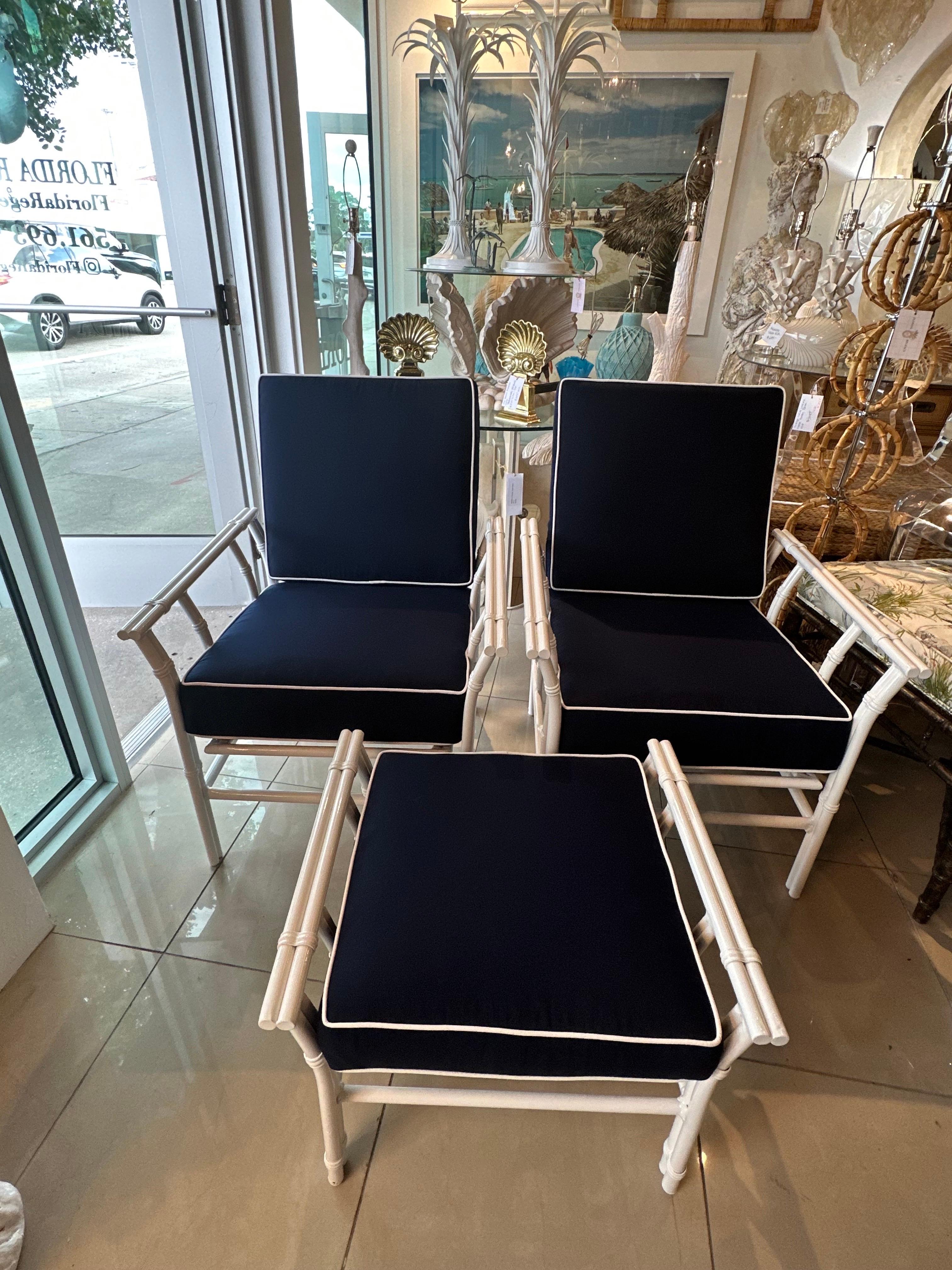 Vintage Pair Rocking Arm Chairs & Ottoman Patio Outdoor Faux Bamboo Restored 5