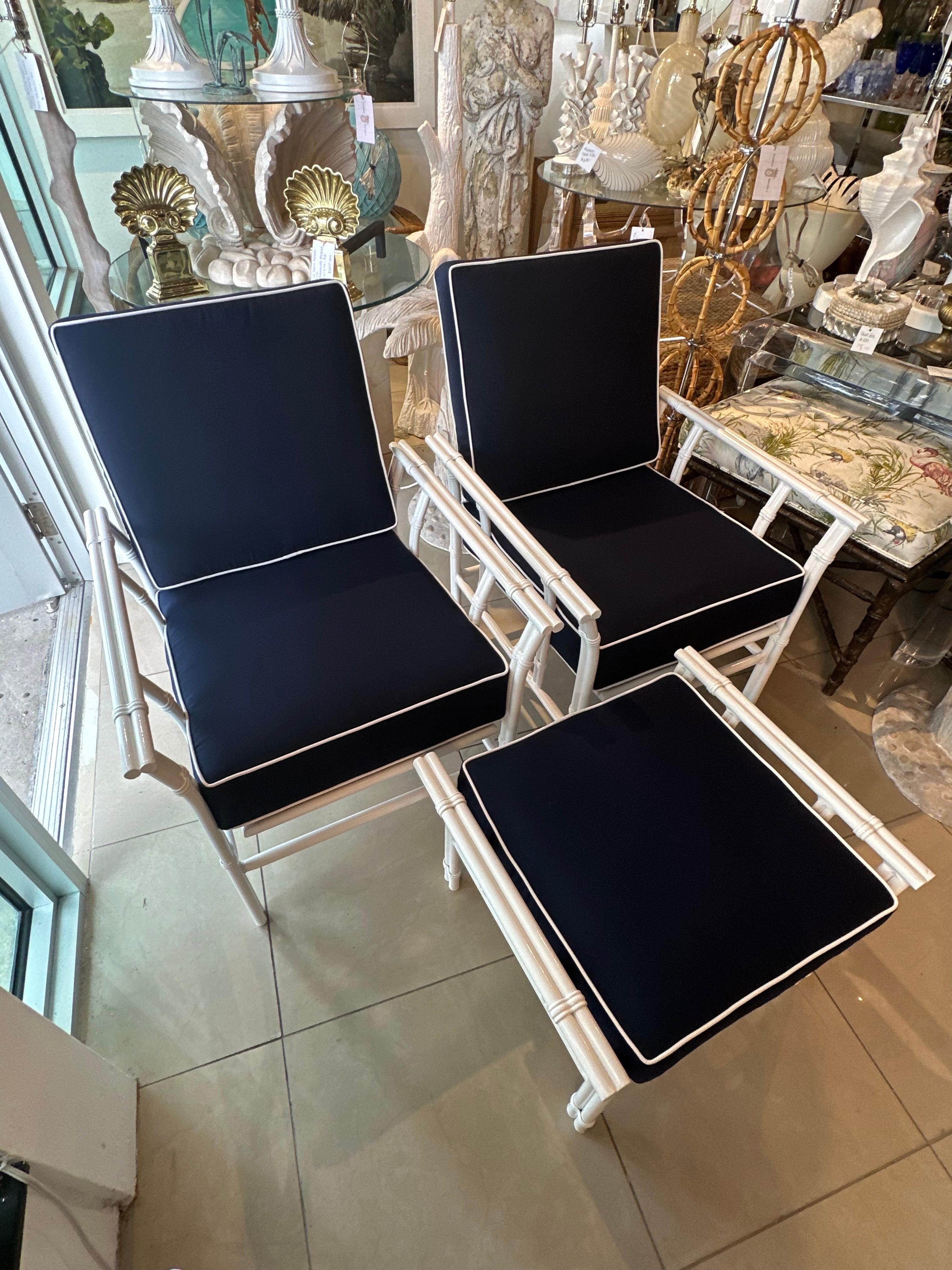 Vintage Pair Rocking Arm Chairs & Ottoman Patio Outdoor Faux Bamboo Restored 6