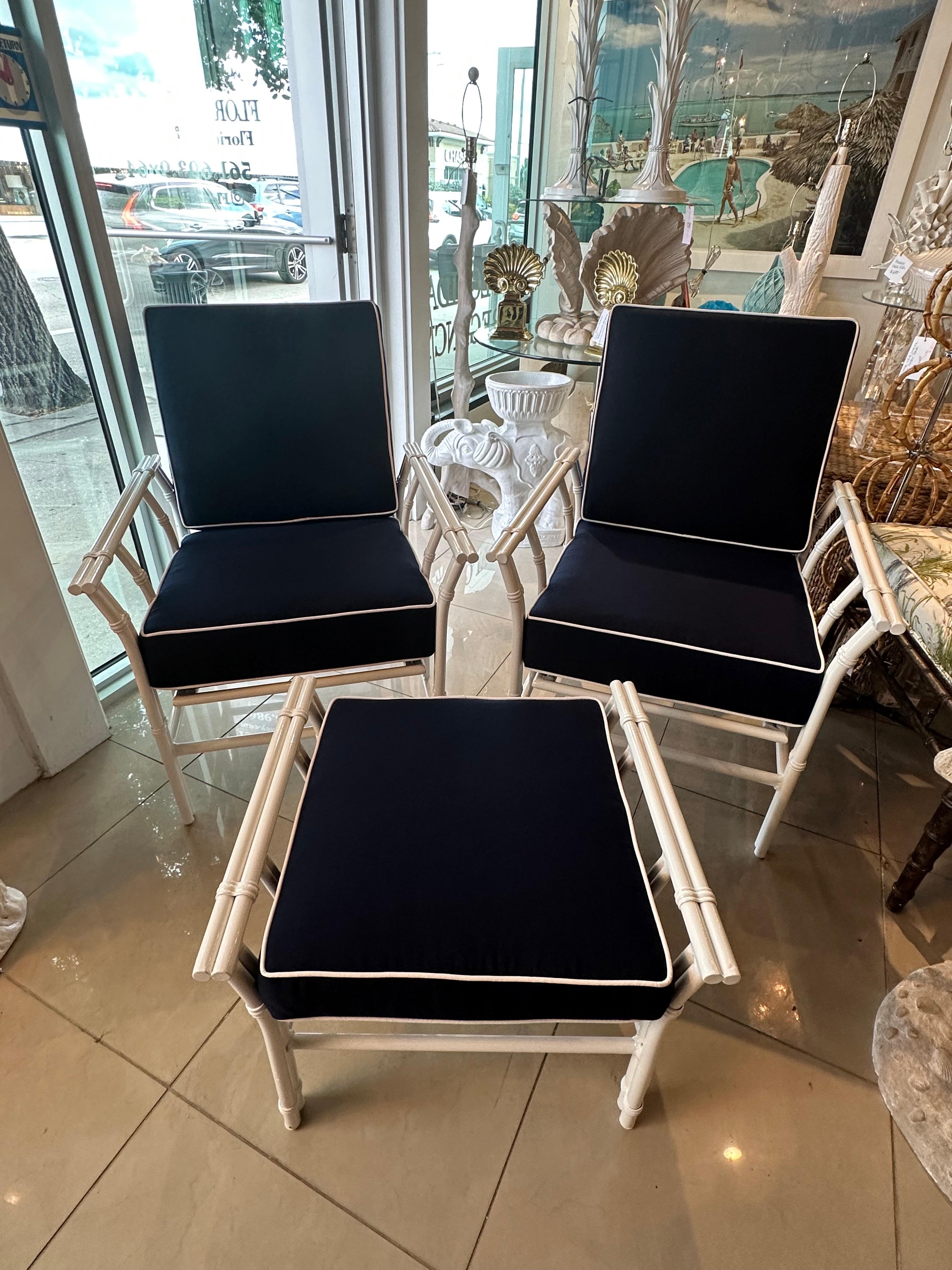 Vintage Pair Rocking Arm Chairs & Ottoman Patio Outdoor Faux Bamboo Restored 7