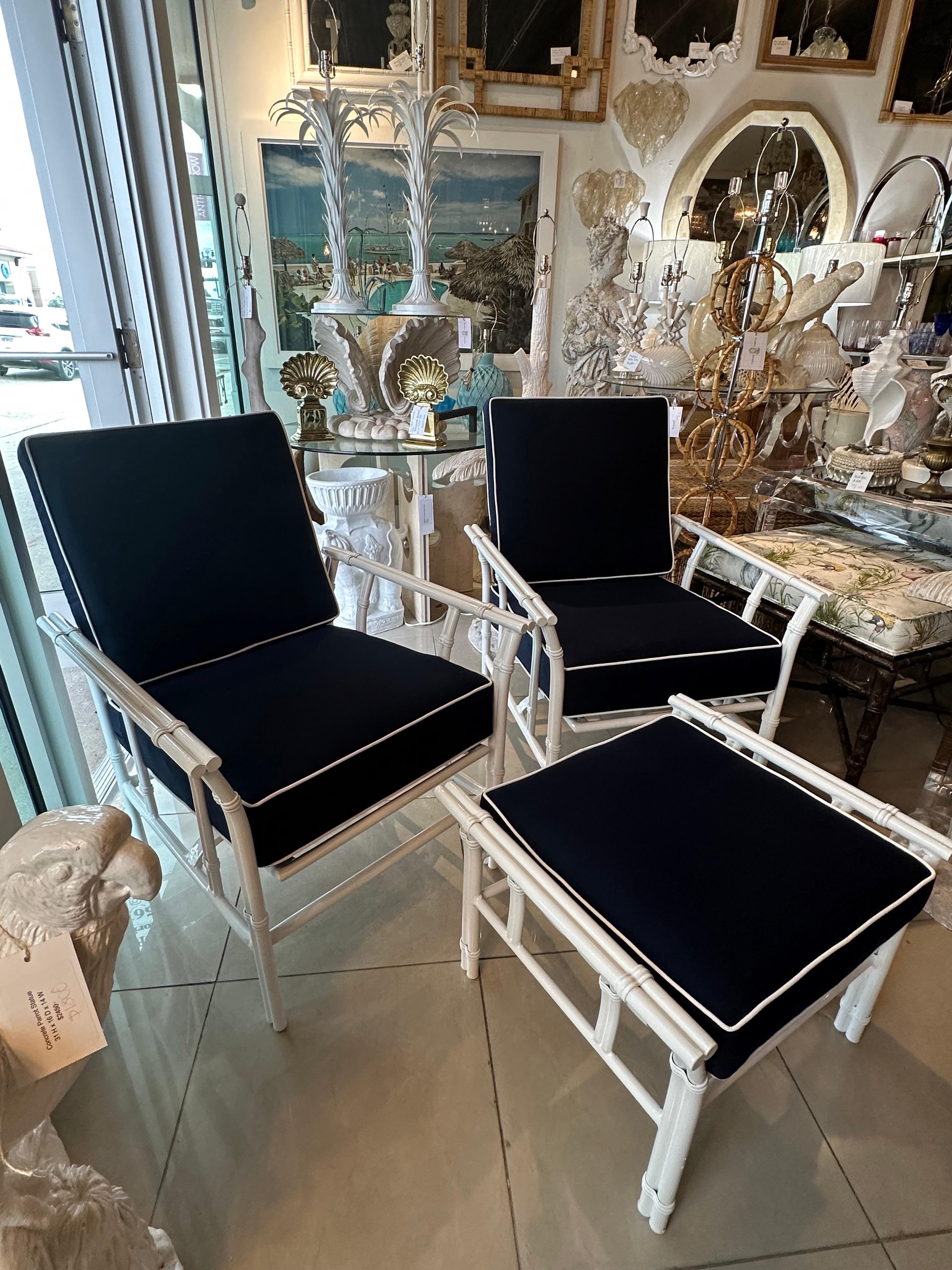 Vintage Pair Rocking Arm Chairs & Ottoman Patio Outdoor Faux Bamboo Restored 9