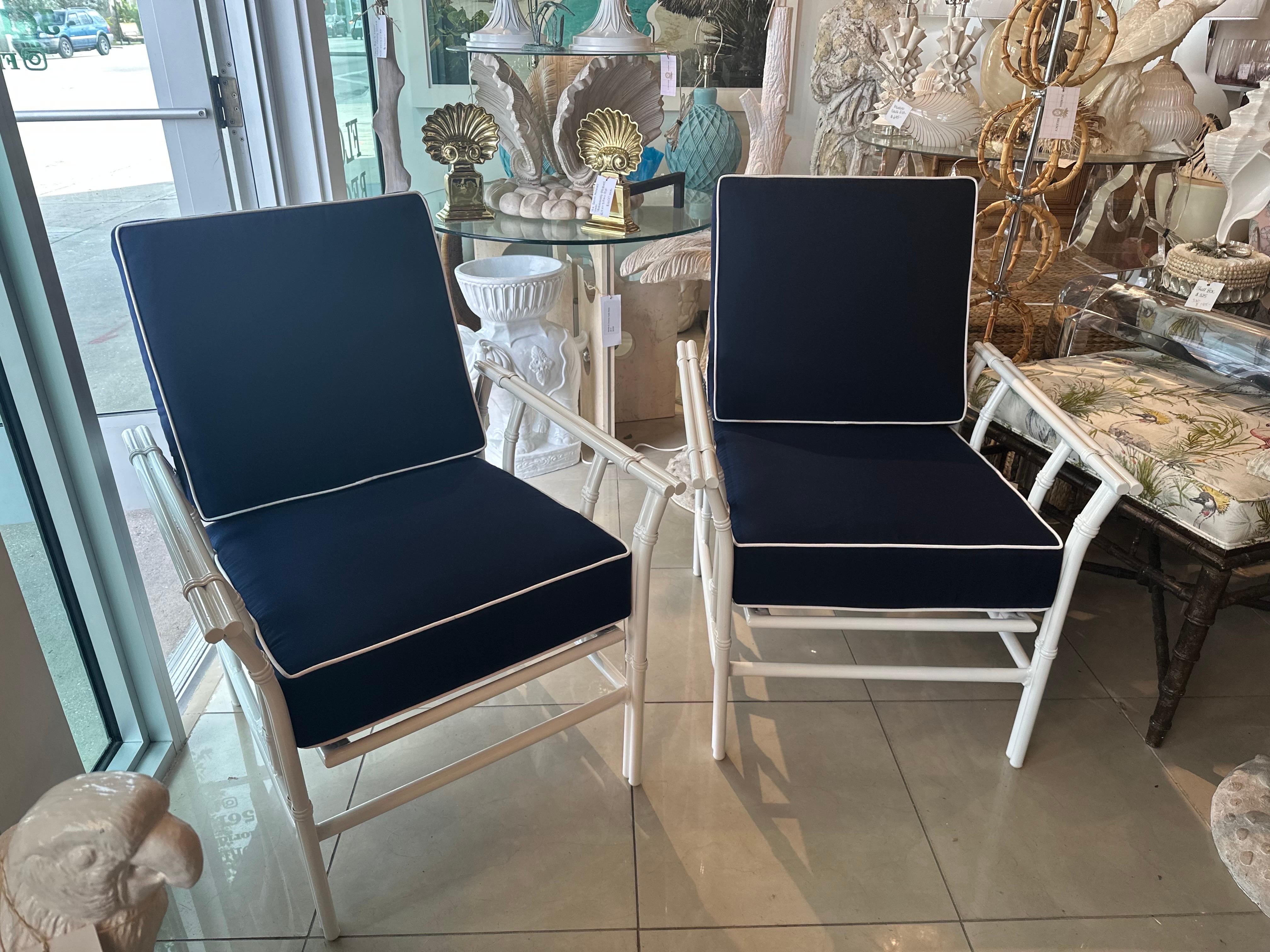 Hollywood Regency Vintage Pair Rocking Arm Chairs & Ottoman Patio Outdoor Faux Bamboo Restored