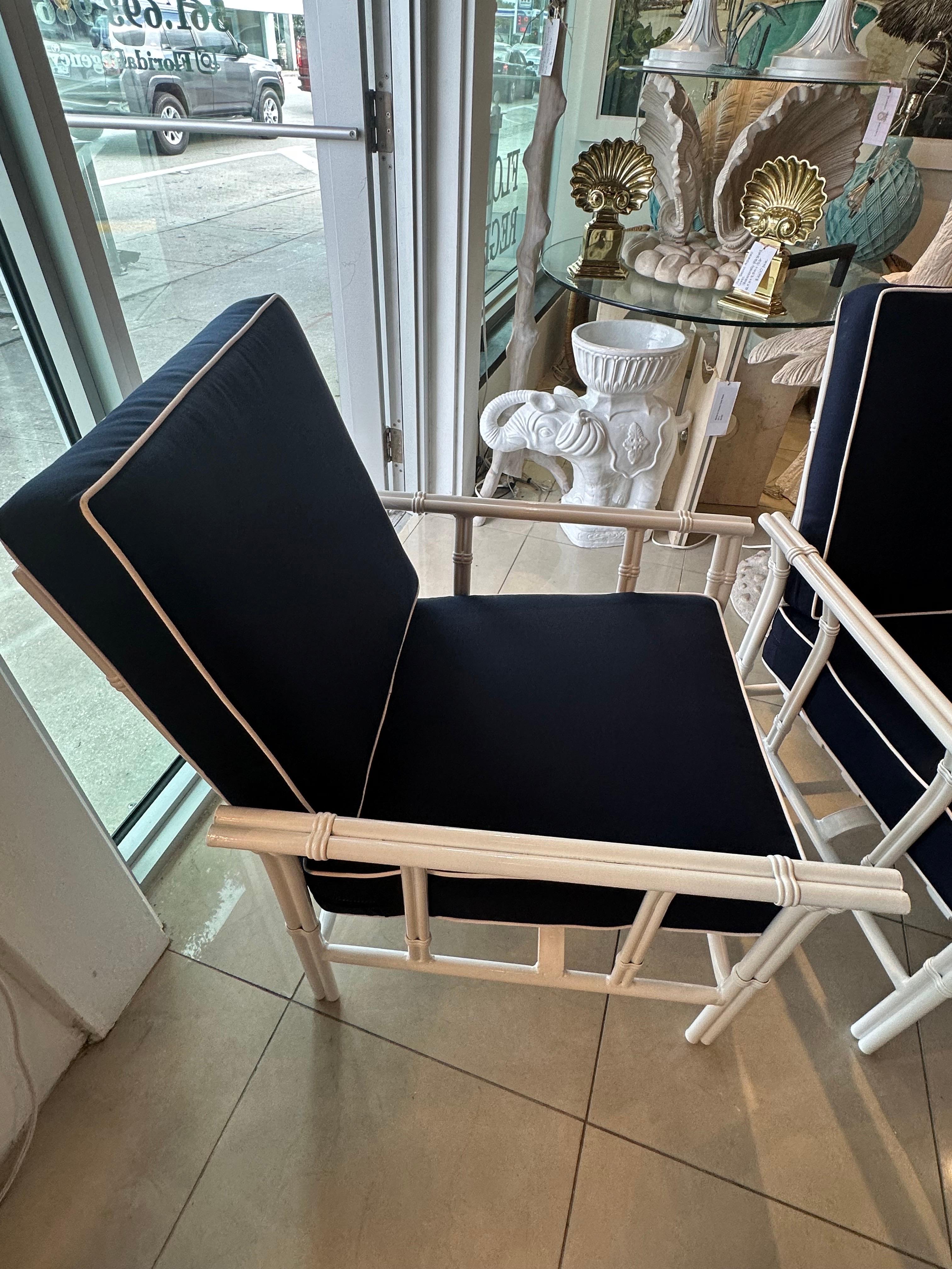 Vintage Pair Rocking Arm Chairs & Ottoman Patio Outdoor Faux Bamboo Restored In Good Condition In West Palm Beach, FL