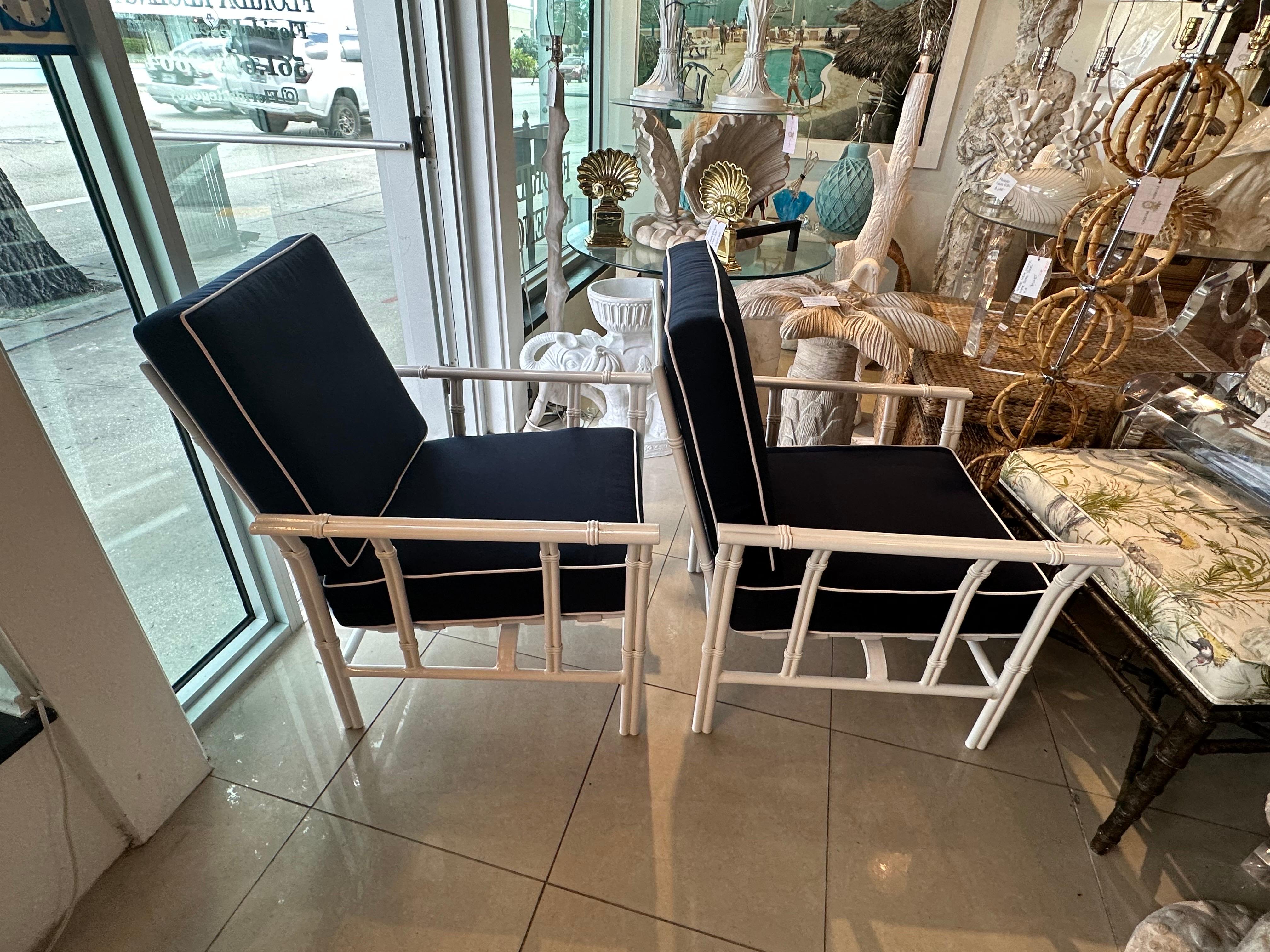 Late 20th Century Vintage Pair Rocking Arm Chairs & Ottoman Patio Outdoor Faux Bamboo Restored