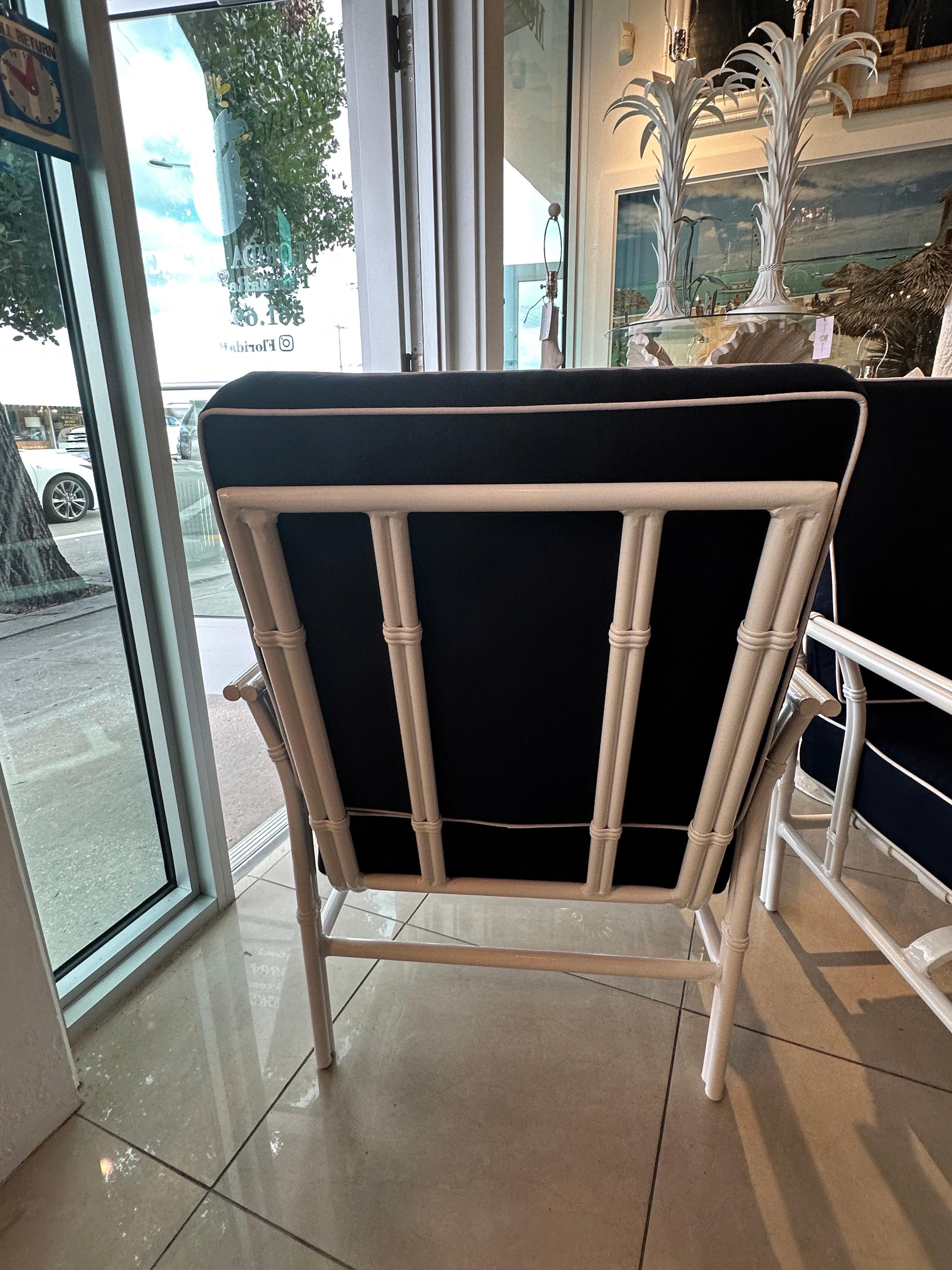 Metal Vintage Pair Rocking Arm Chairs & Ottoman Patio Outdoor Faux Bamboo Restored