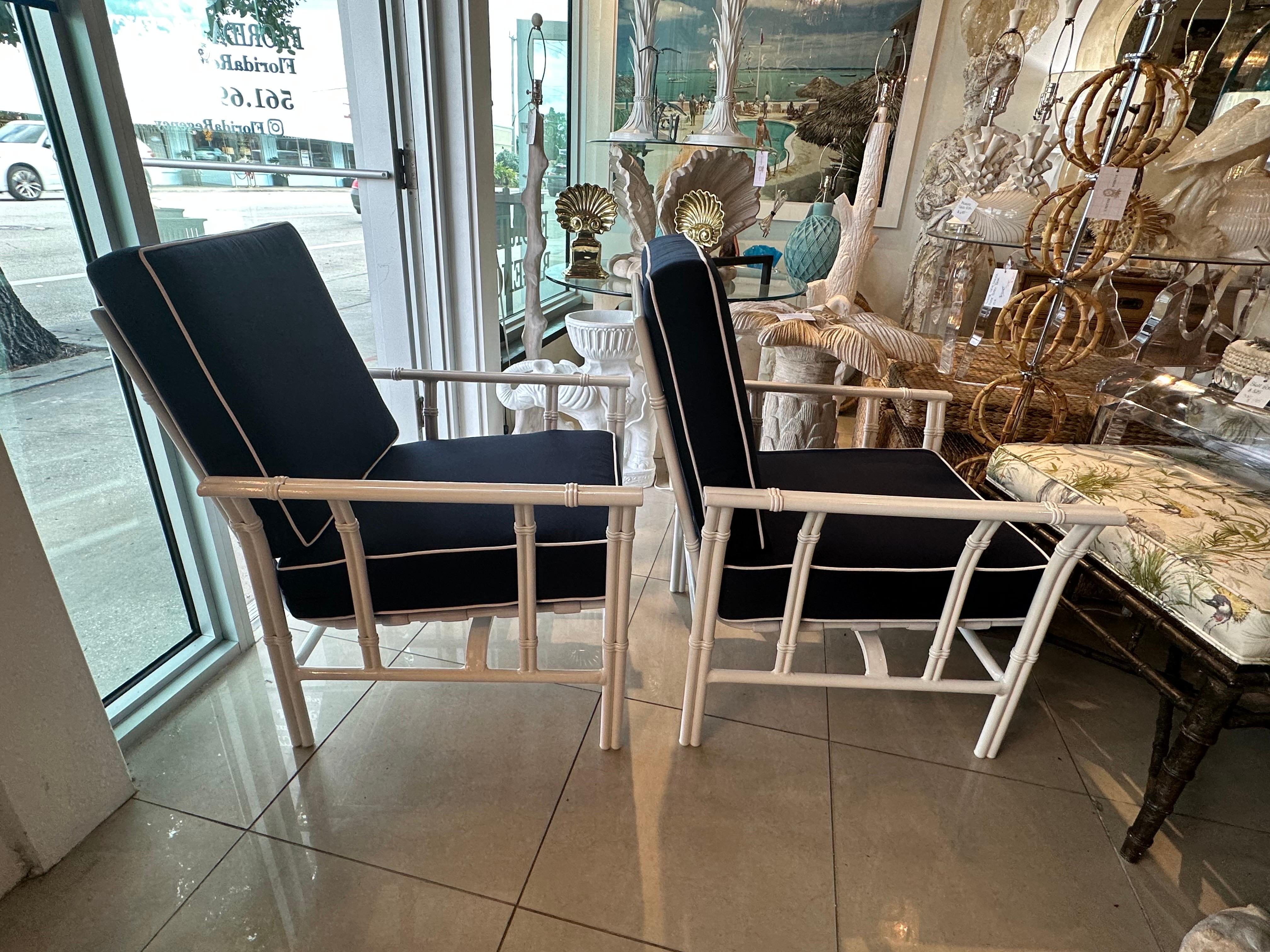 Vintage Pair Rocking Arm Chairs & Ottoman Patio Outdoor Faux Bamboo Restored 1