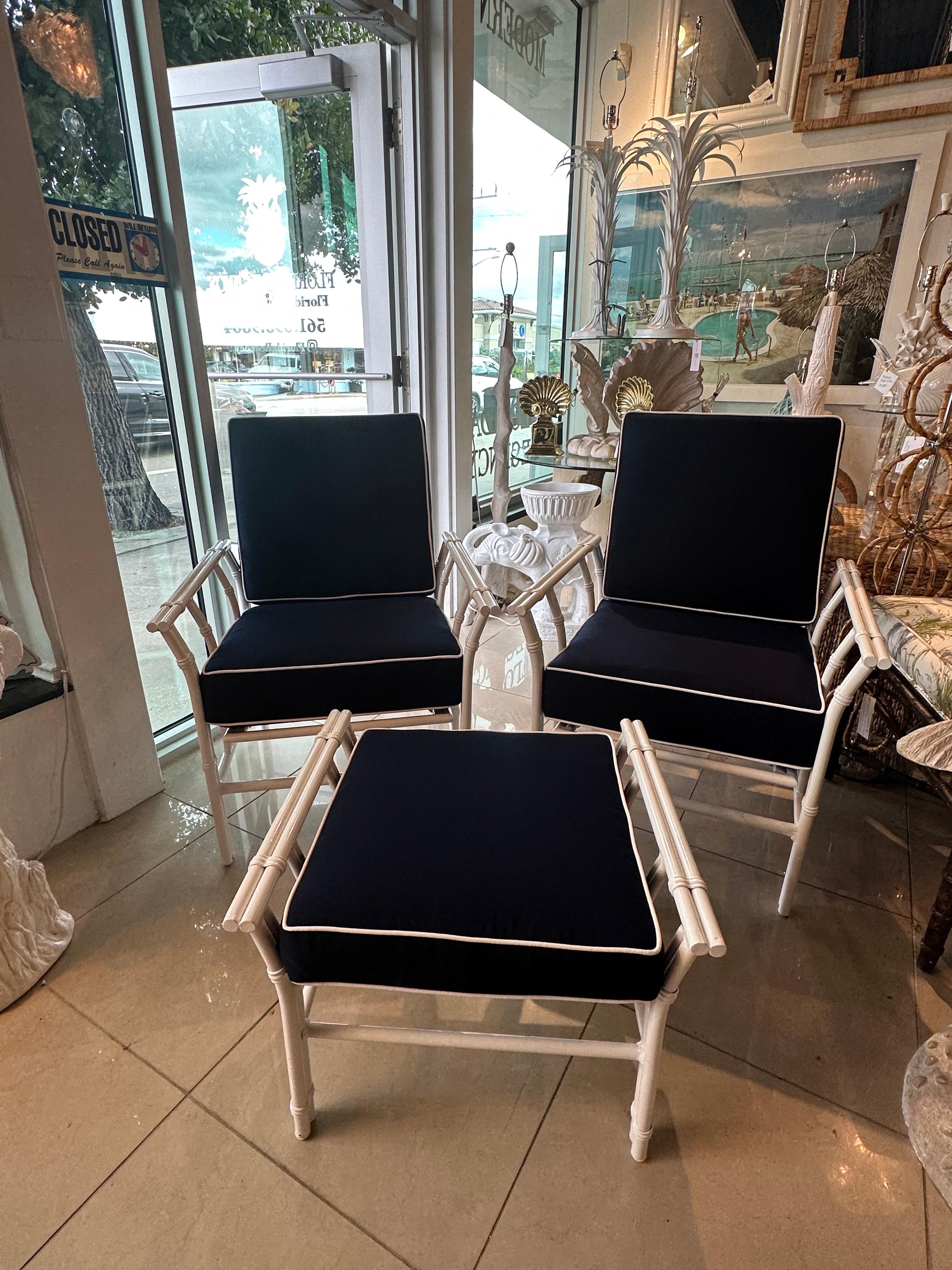 Vintage Pair Rocking Arm Chairs & Ottoman Patio Outdoor Faux Bamboo Restored 2