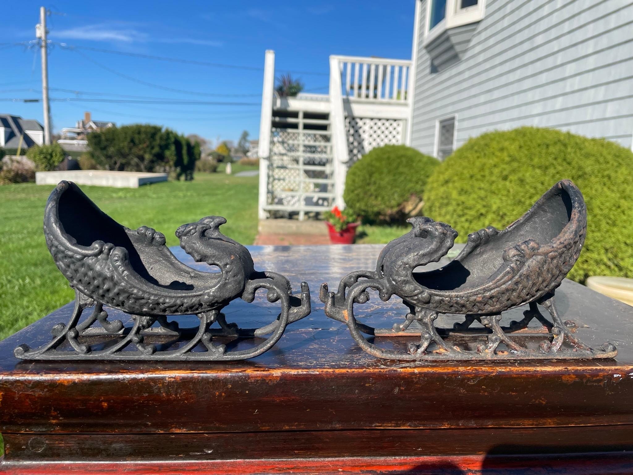 American Vintage Pair Santa Christmas Sleigh Sculptures With Bird Head Finials, 1930s For Sale