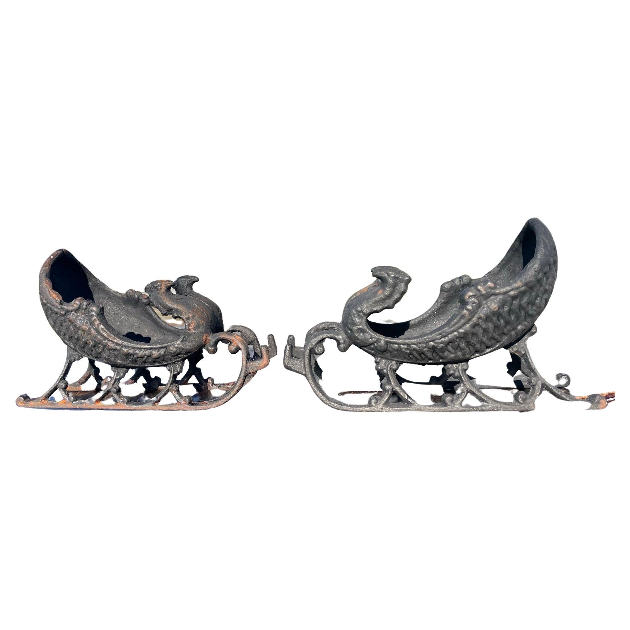 Vintage Pair Santa Sleigh Sculptures With Bird Head Finials, 1930s For Sale