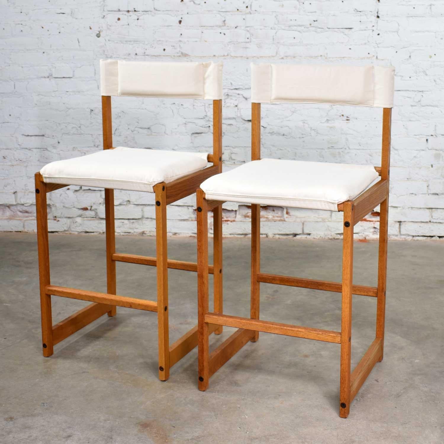 Vintage Pair of Scandinavian Modern Sling Counter Height Bar Stools White 1