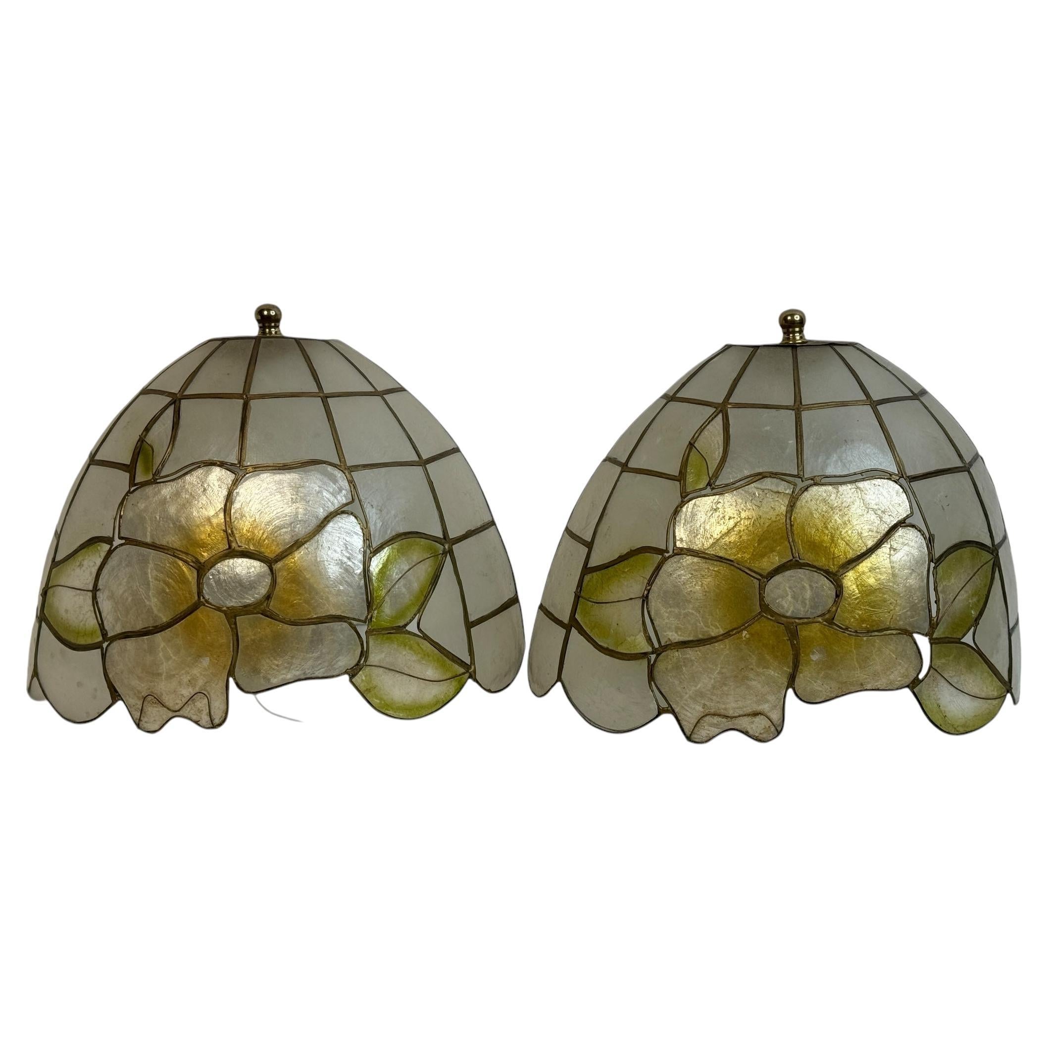 Vintage Pair Sconces Capiz Shell & Brass Framing Honsel Leuchten Germany 1960s