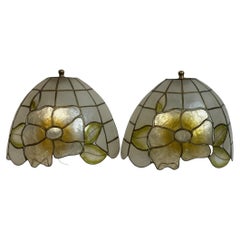 Vintage Pair Sconces Capiz Shell & Brass Framing Honsel Leuchten Germany 1960s