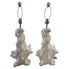 Vintage Pair Seashell Shell Plaster Table Lamps By Sirmos Newly Wired & Restored