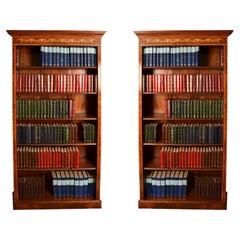 Vintage Pair Sheraton Style Burr Walnut Open Bookcases Late 20th Century