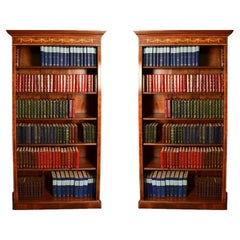 Vintage Pair Sheraton Style Burr Walnut Open Bookcases Late 20th Century
