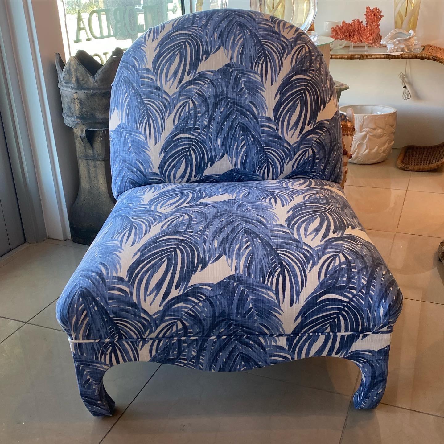 Vintage Pair Slipper Chairs Upholstered Blue & White Palm Leaf Ming Scalloped 9