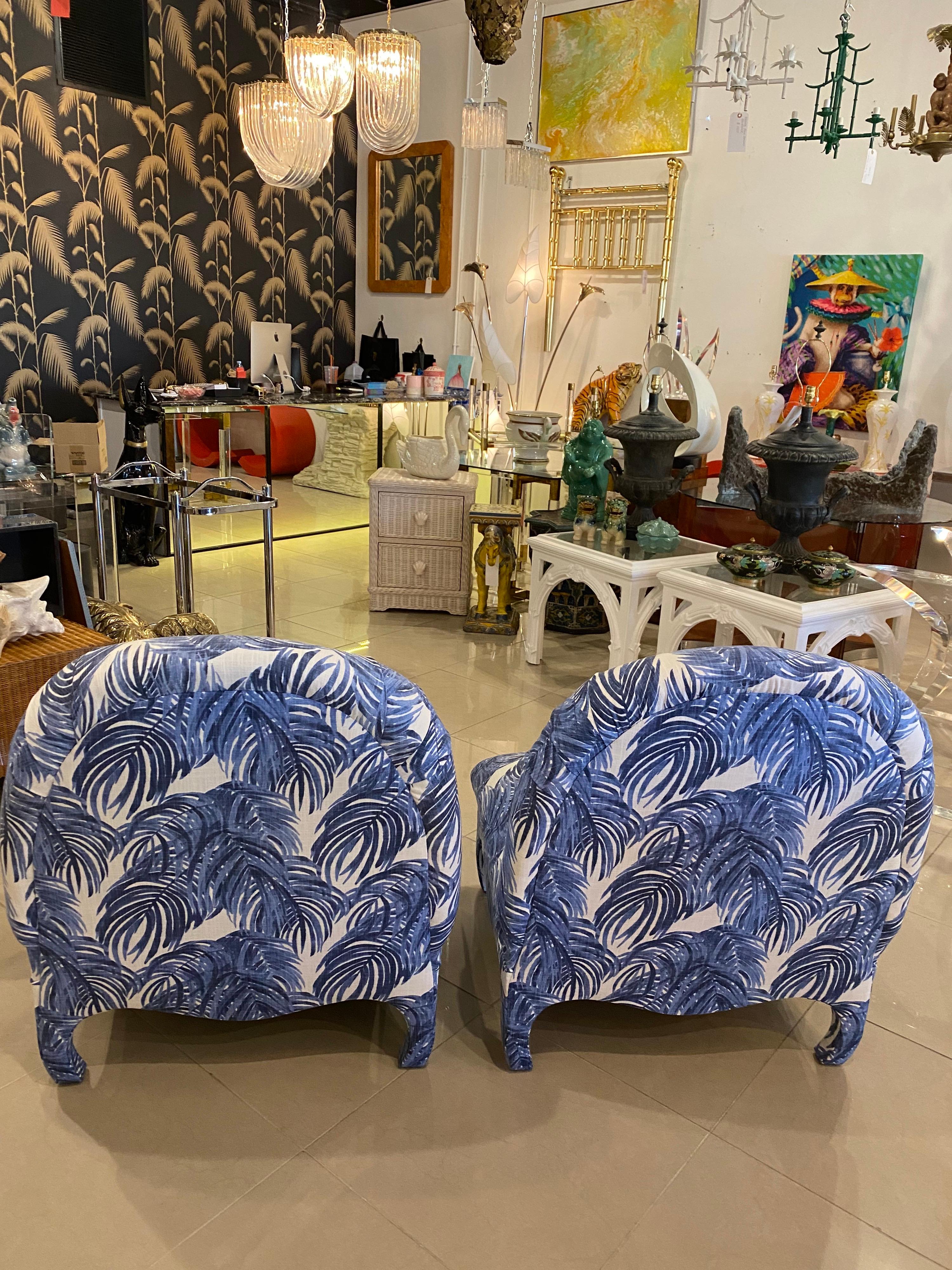 Mid-20th Century Vintage Pair Slipper Chairs Upholstered Blue & White Palm Leaf Ming Scalloped