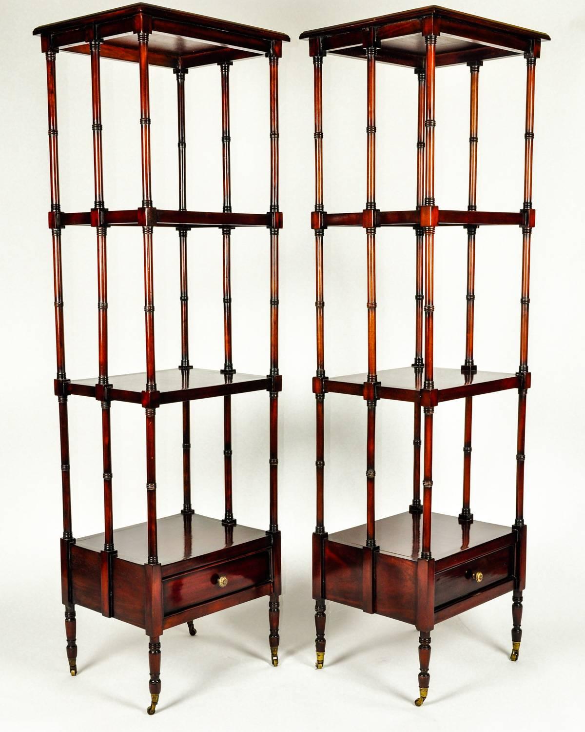 Vintage pair solid mahogany wood display shelves / etageres with lower bottom drawer. Both pieces are in excellent vintage condition. Minor wear consistent with age / use . Each etagere / shelve measure 61 inches high x 18.5 inches width x 16 inches