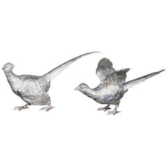Vintage Pair Sterling Silver Pheasants Edward Barnard & Sons London 1971