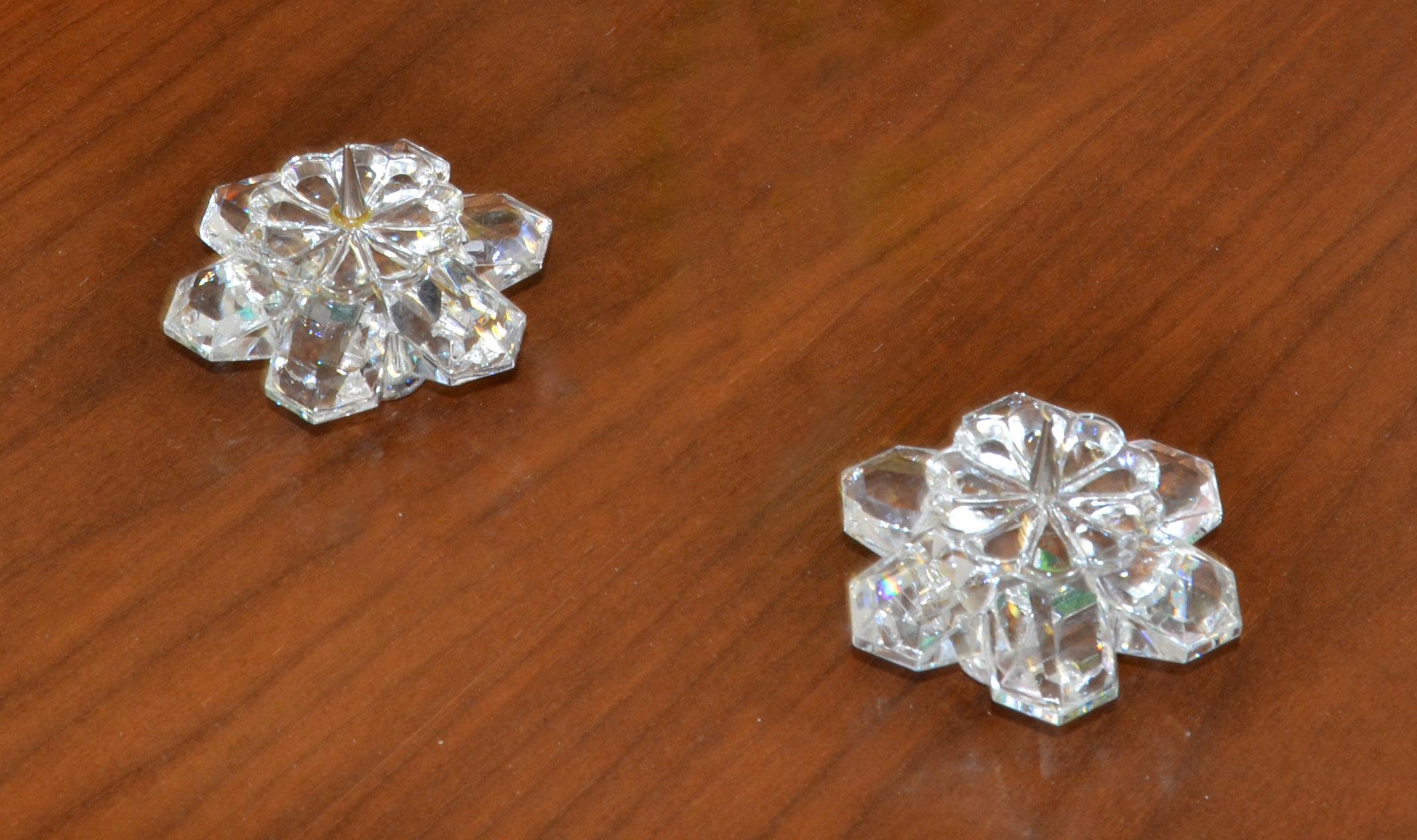 Mid-Century Modern Vintage Pair Swarovski Crystal Star Flowers Pin Candlesticks Faceted Balls Base For Sale
