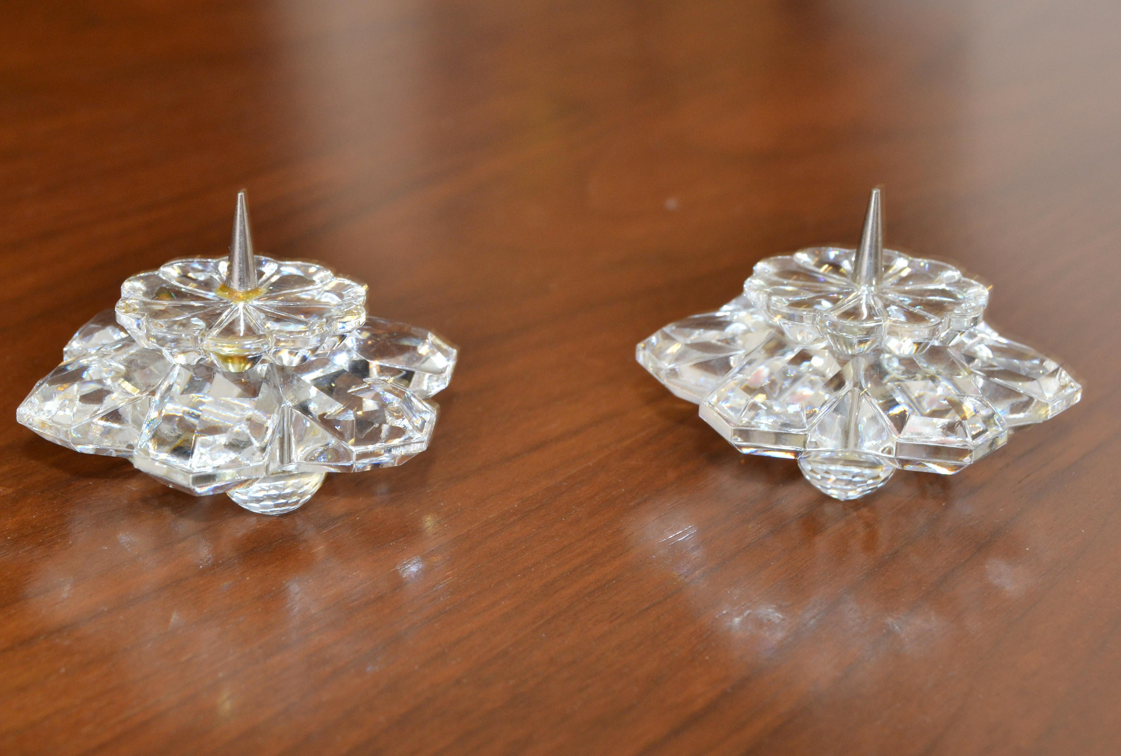 Austrian Vintage Pair Swarovski Crystal Star Flowers Pin Candlesticks Faceted Balls Base For Sale