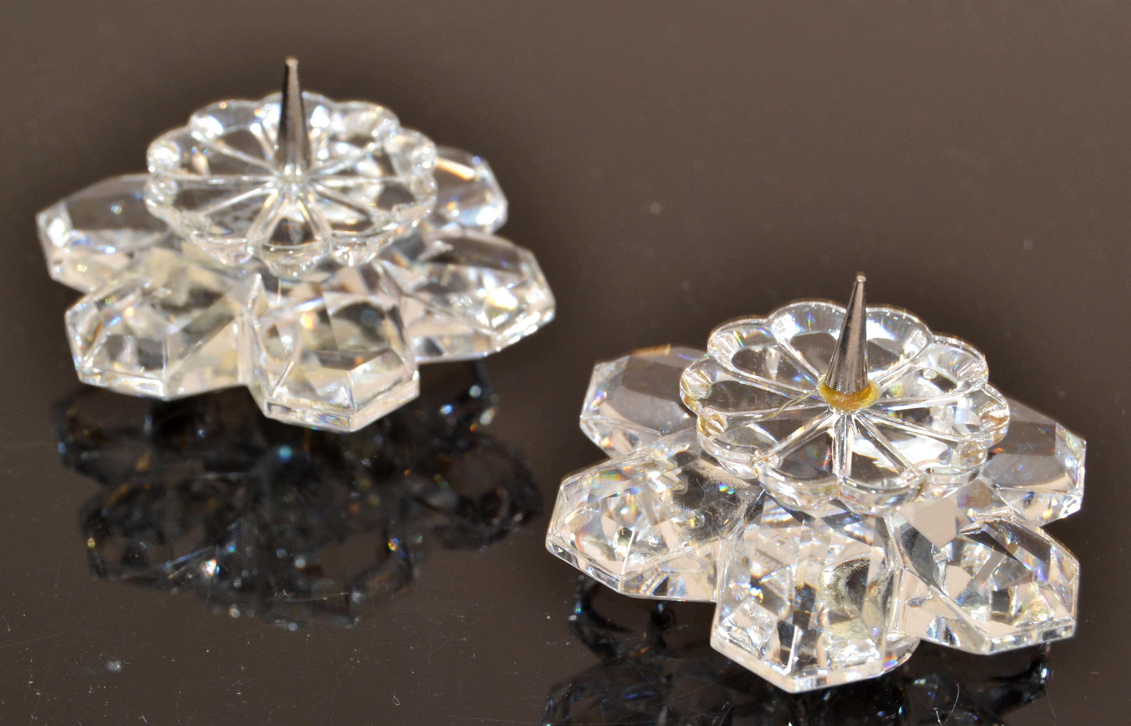 Hand-Crafted Vintage Pair Swarovski Crystal Star Flowers Pin Candlesticks Faceted Balls Base For Sale