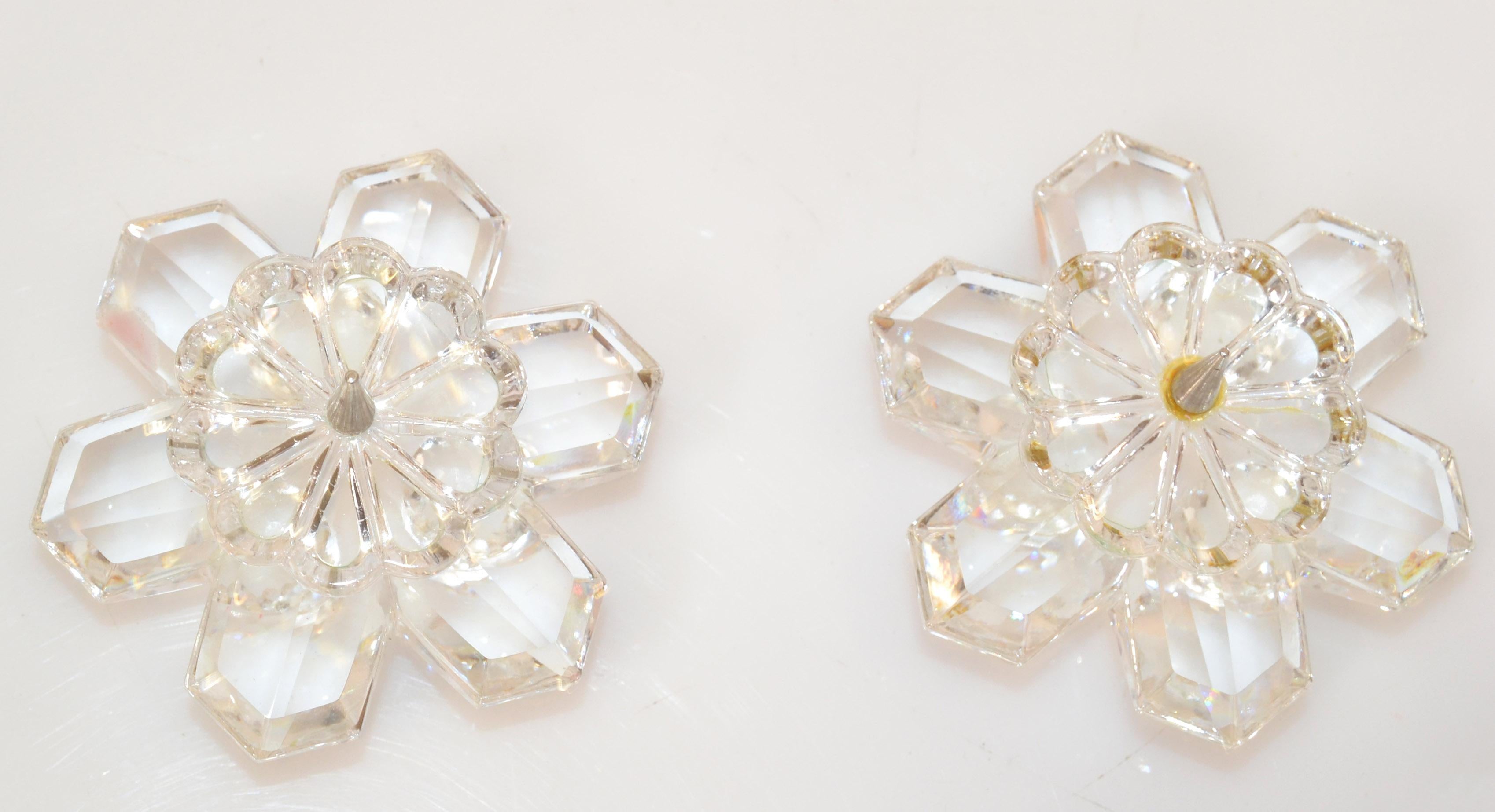 Metal Vintage Pair Swarovski Crystal Star Flowers Pin Candlesticks Faceted Balls Base For Sale