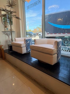 Vintage Pair Swivel Chairs Seagrass Base Blue & White Palm Beach New Upholstery