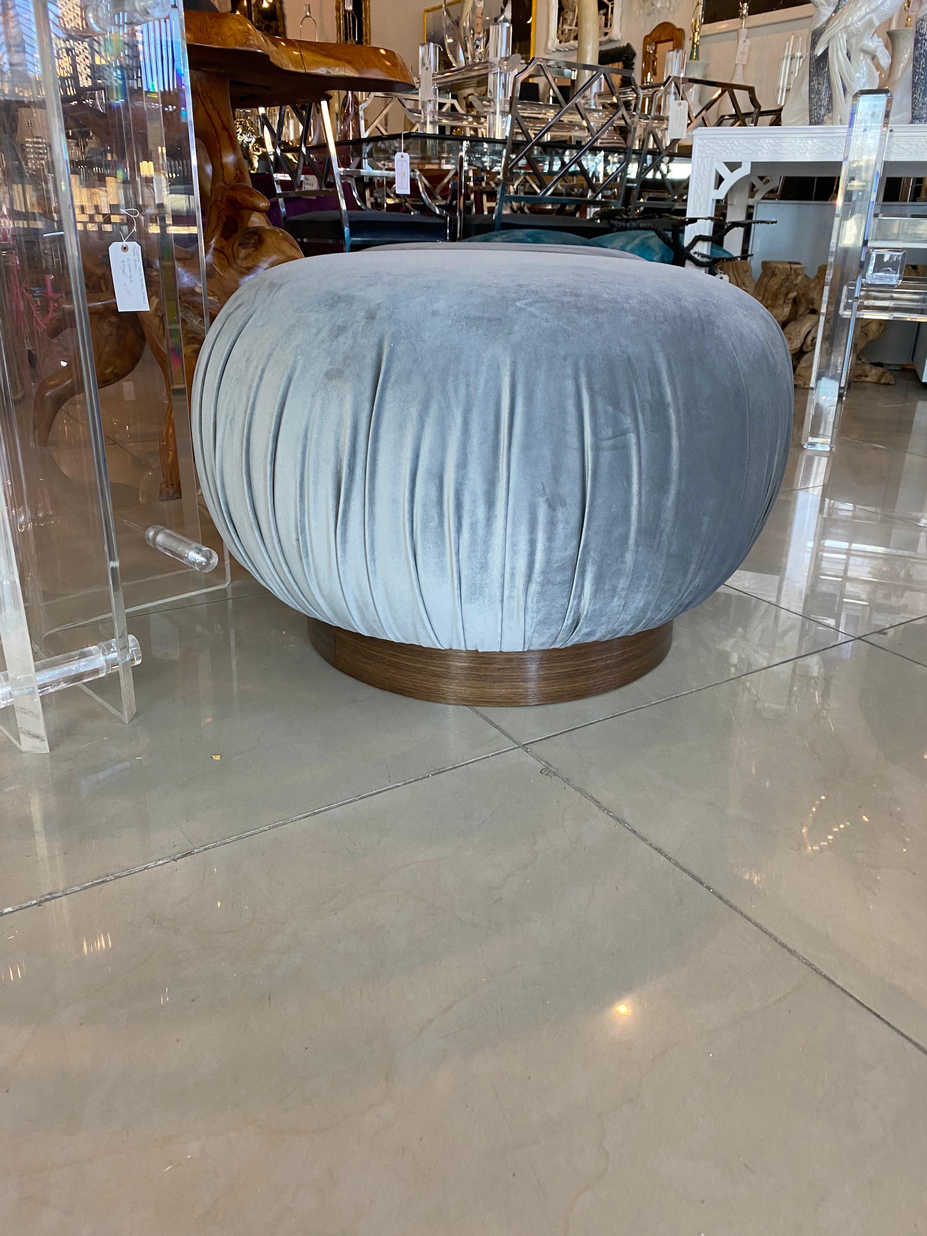 Pair of Swivel Pouffe Poufs Ottomans Benches Stools Grey Velvet Walnut Base 2