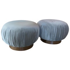 Pair of Swivel Pouffe Poufs Ottomans Benches Stools Grey Velvet Walnut Base