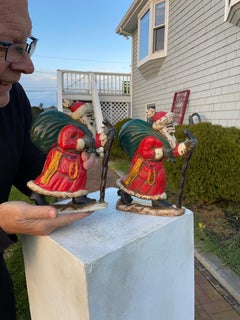 Vintage Pair Tall Hand Painted Santa Sculptures with Gift Sack